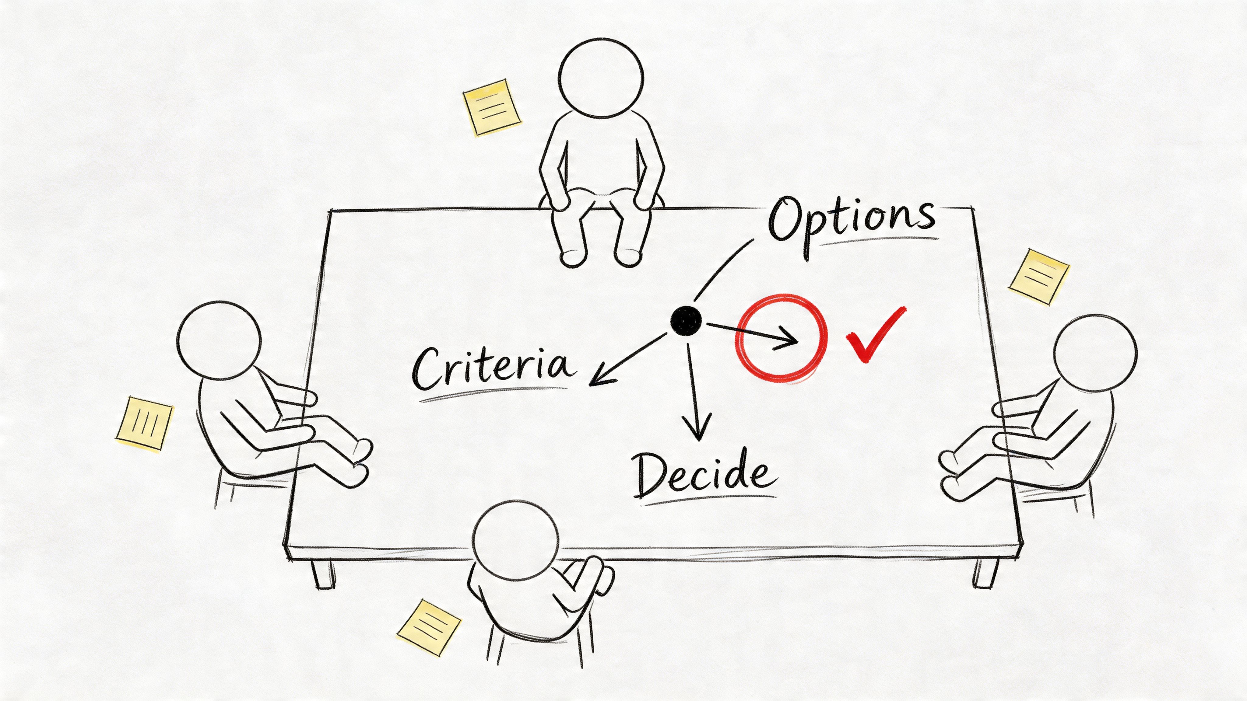 A hand-drawn illustration of four people sitting at a table with arrows pointing to criteria, options, and decisions.