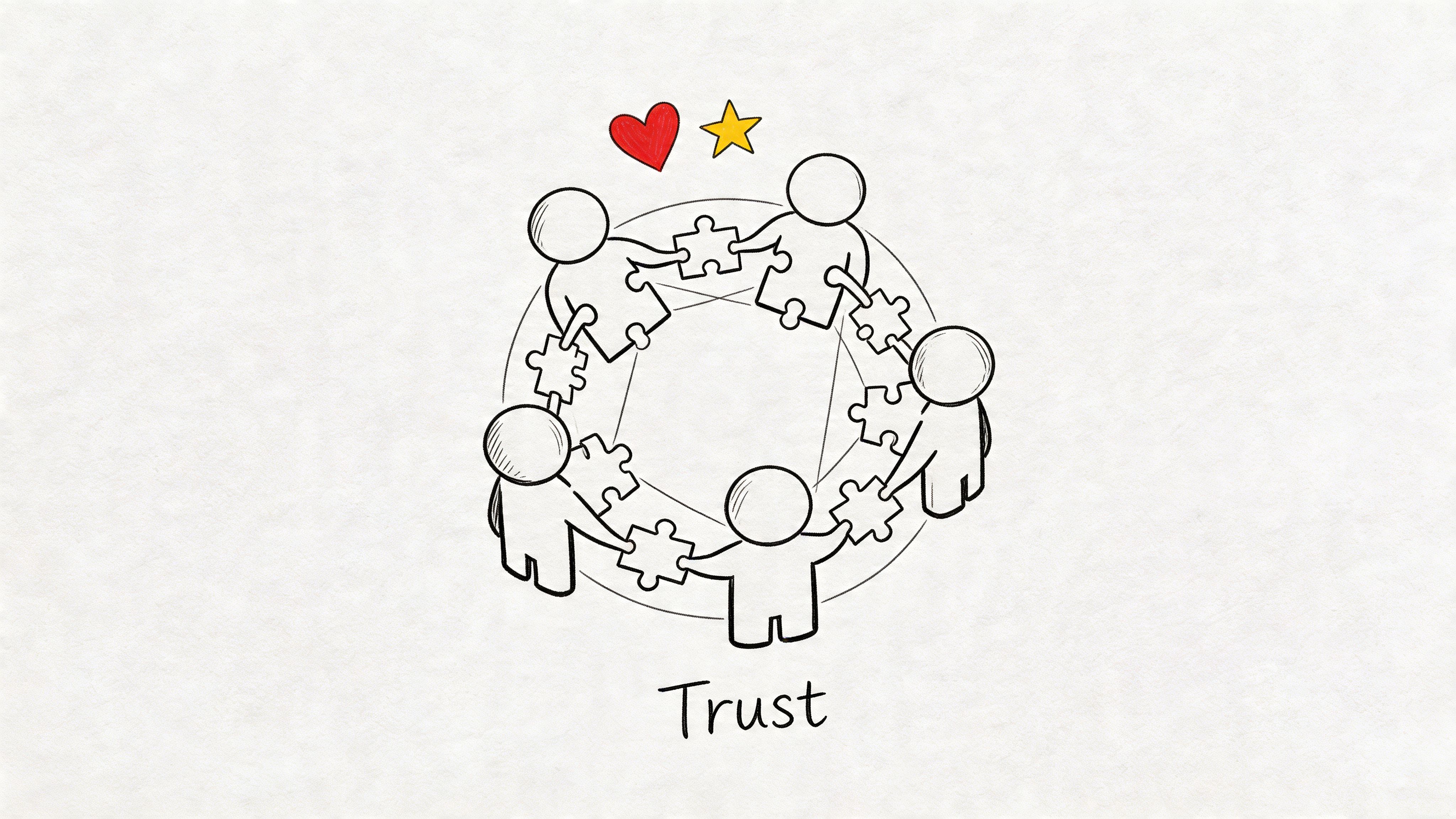 A hand-drawn sketch of five stylized figures connected in a circle by puzzle pieces symbolizing teamwork and trust.