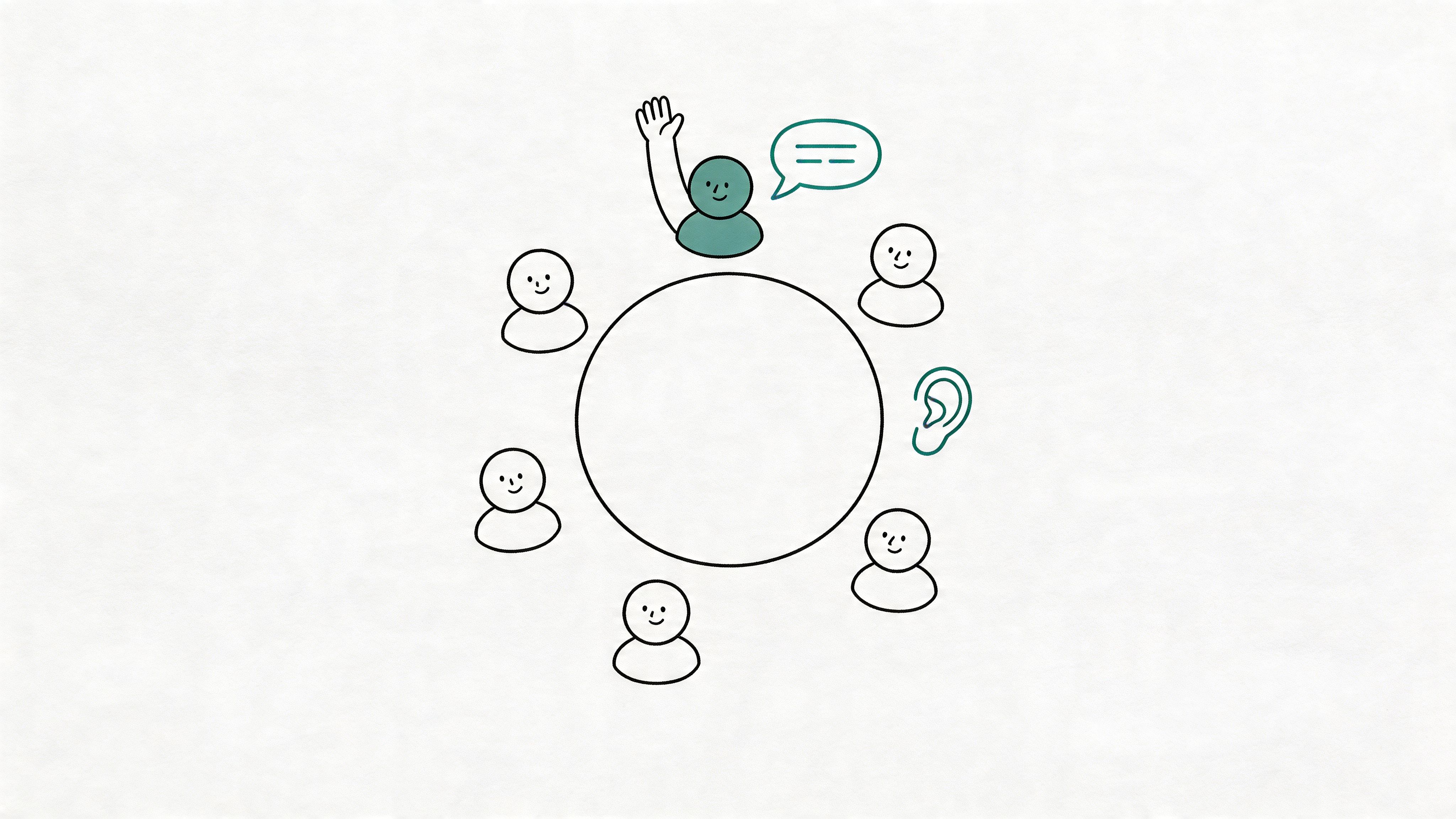 A minimalist illustration of a group of people sitting around a table with one person raising their hand.