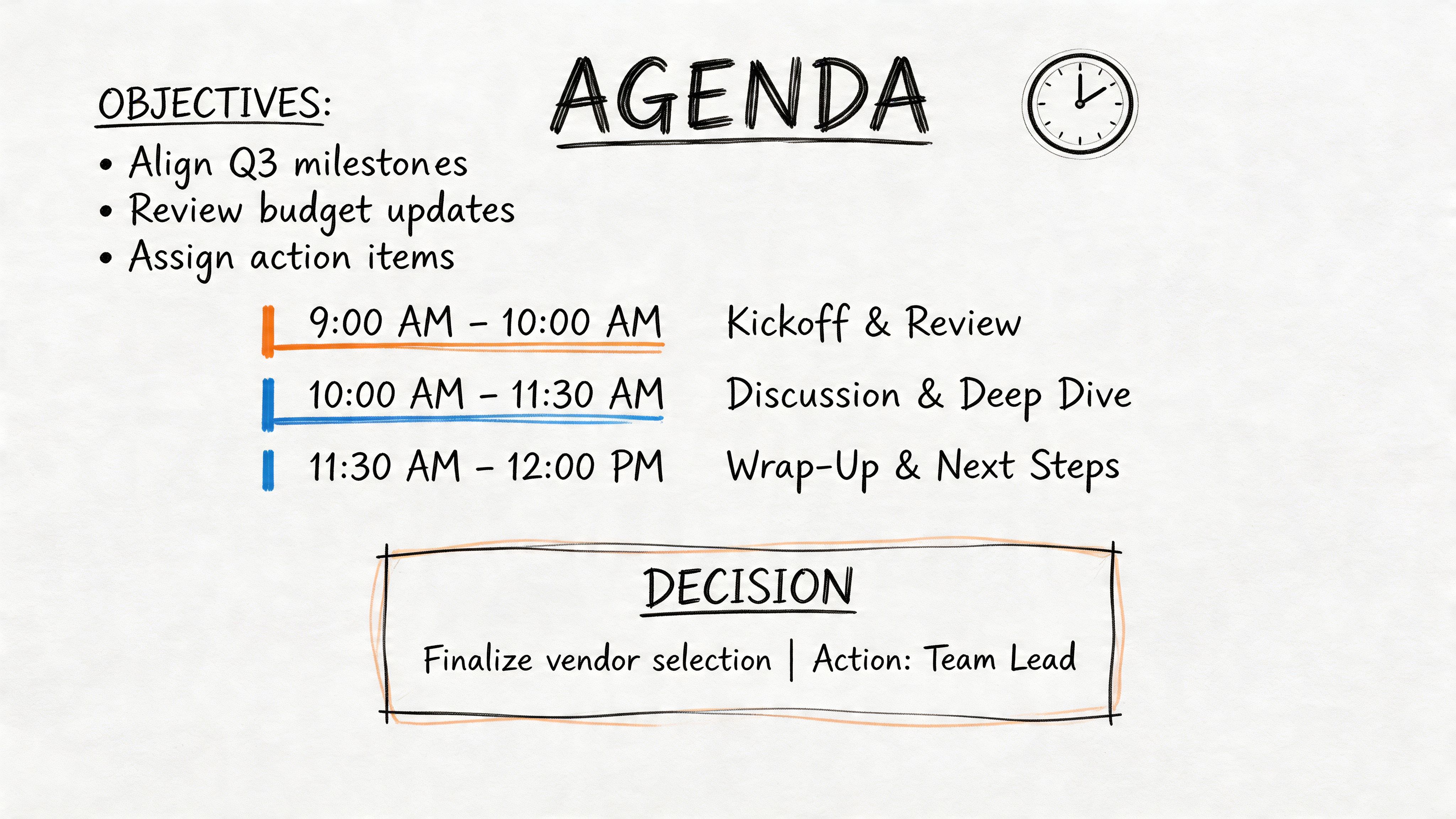 A hand-drawn meeting agenda board detailing objectives, scheduled time slots, and a final decision item.