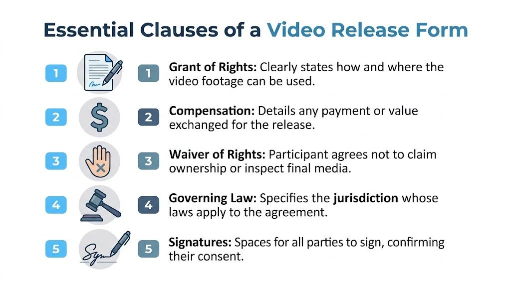 An infographic listing the five essential clauses to include in a legal video recording release form.