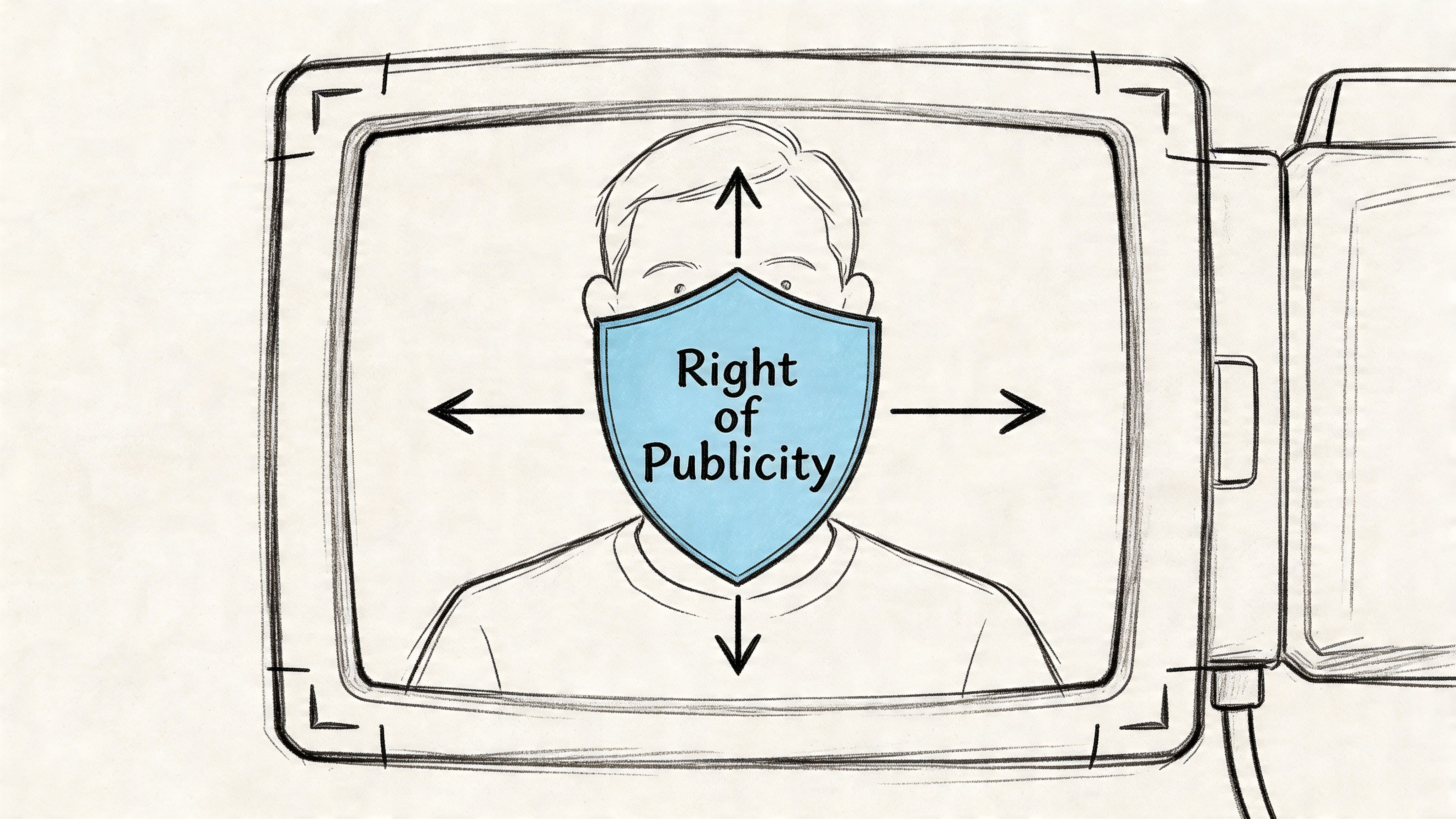 A line-drawn illustration showing a person on a monitor screen protected by a Right of Publicity shield.