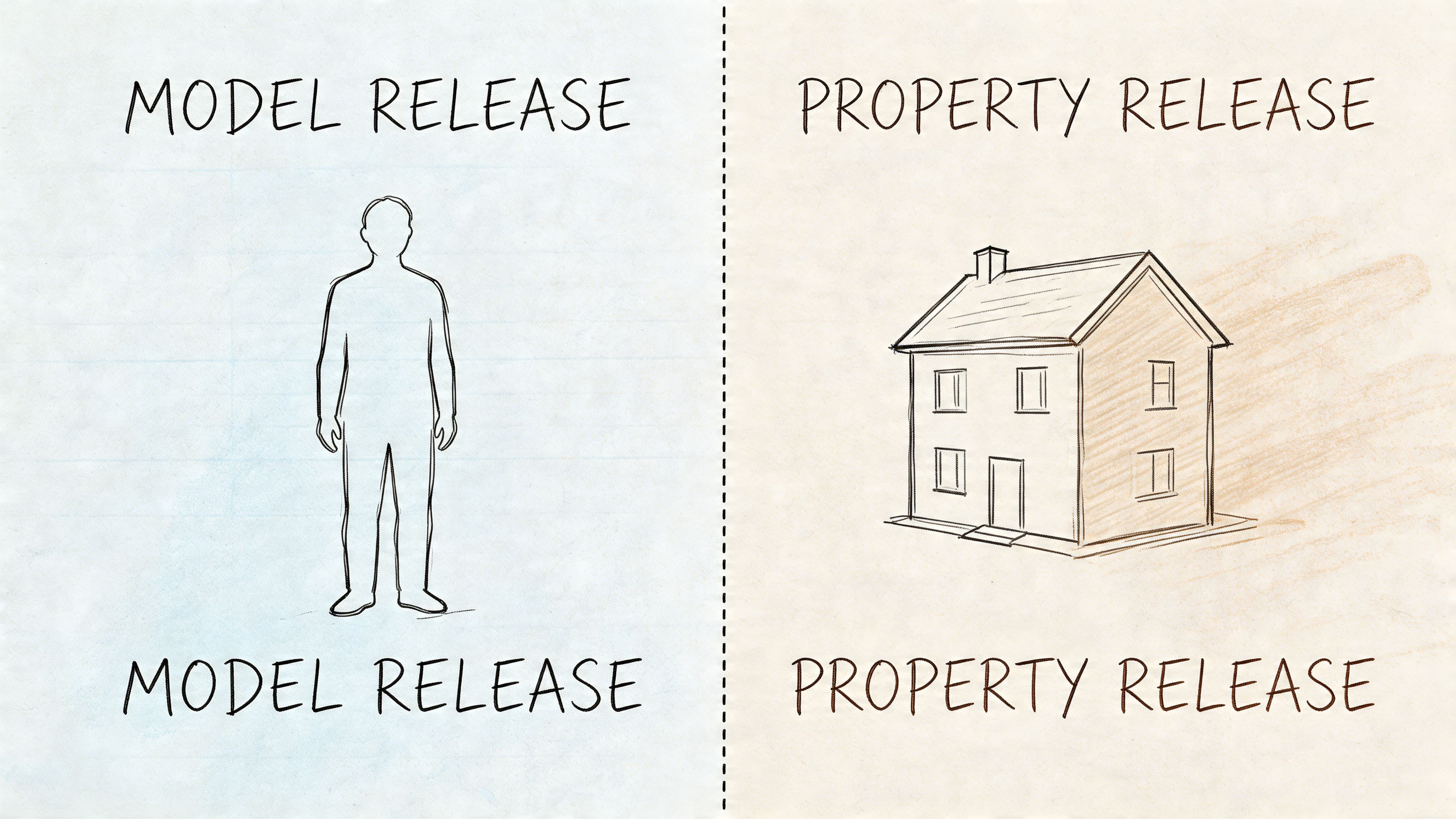 A split illustration comparing a model release for people and a property release for building images.