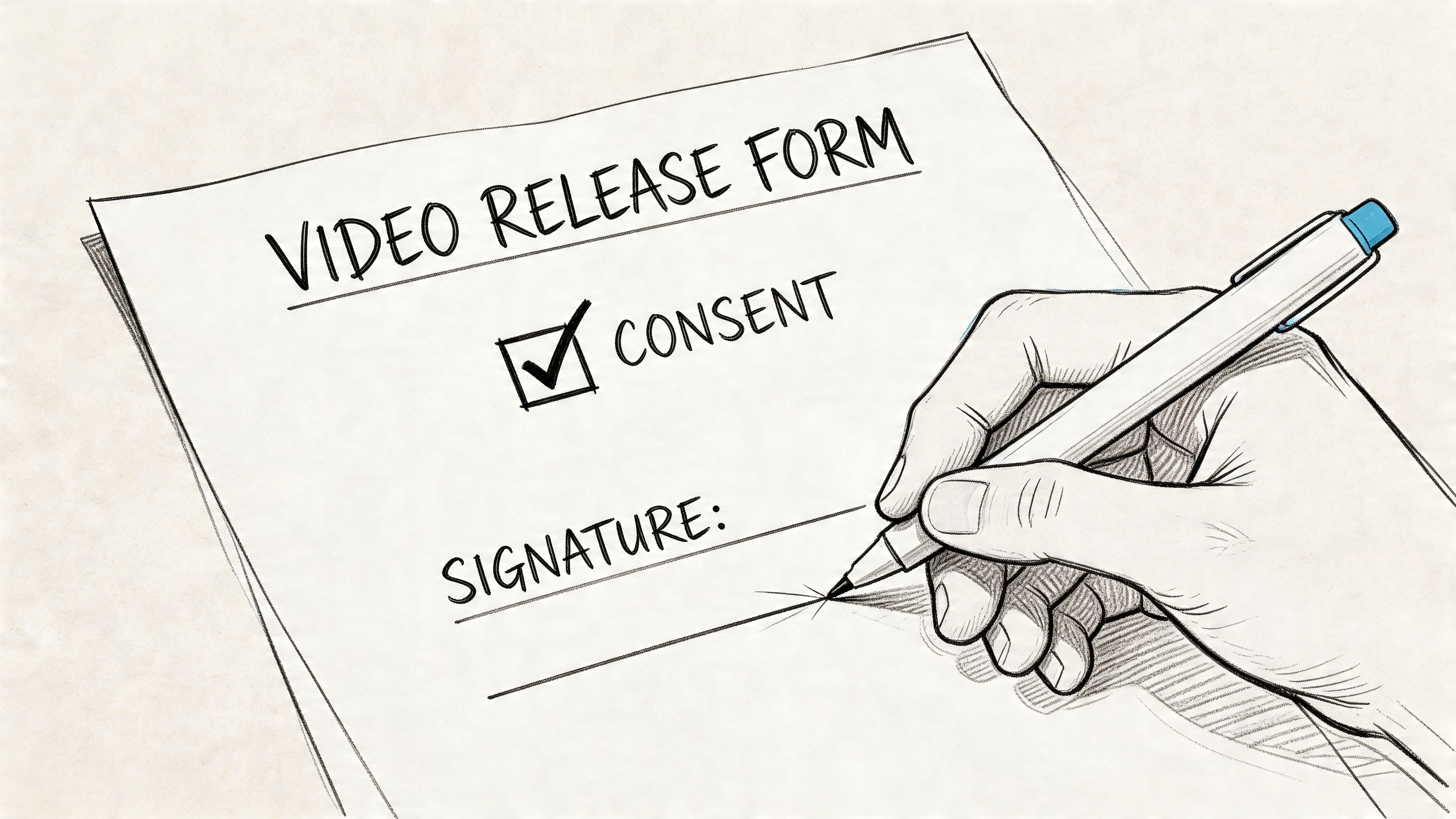 A hand holding a pen preparing to sign a video release form with a consent checkbox.