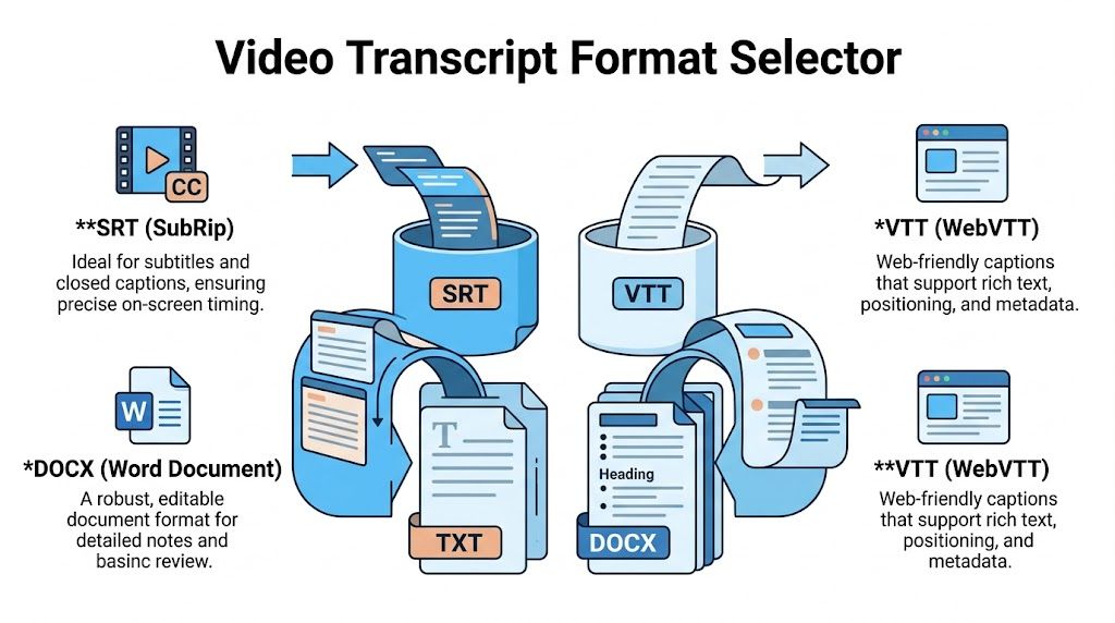 Диаграмма, иллюстрирующая различные форматы файлов, такие как SRT, DOCX, TXT и VTT, для расшифровки и субтитров к видео.
