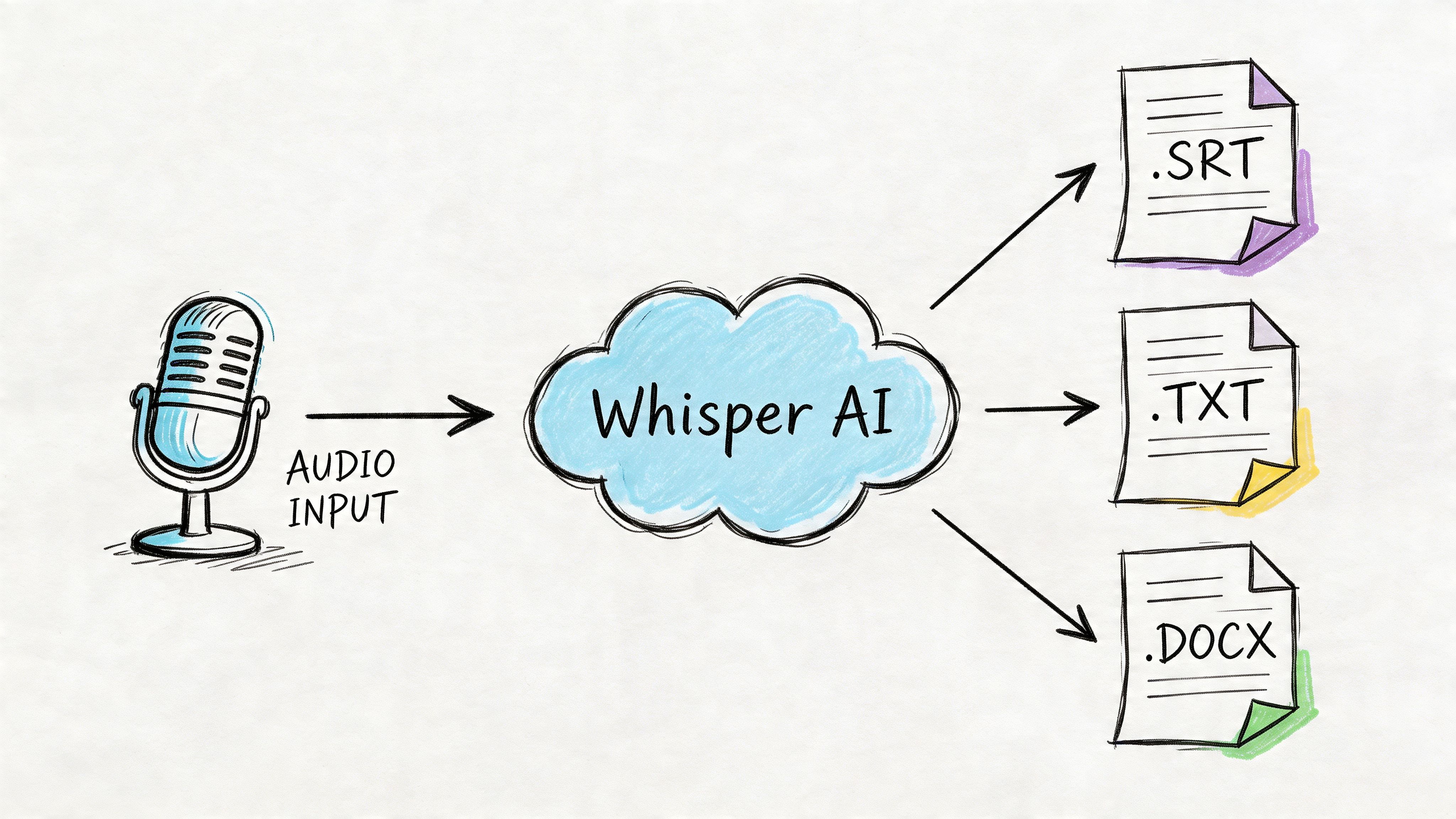 На схеме показано, как микрофон передает аудиосигнал в облако Whisper AI, а на выходе формируются файлы в форматах SRT, TXT и DOCX.