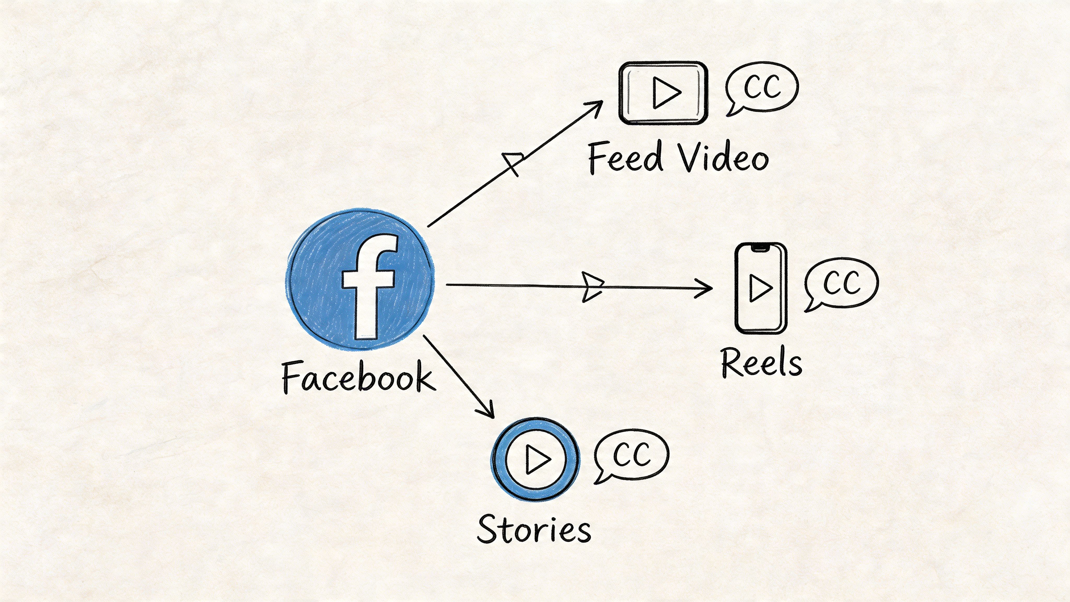 Нарисованная от руки схема, на которой логотип Facebook указывает на значки для видео в ленте, Reels и Stories.
