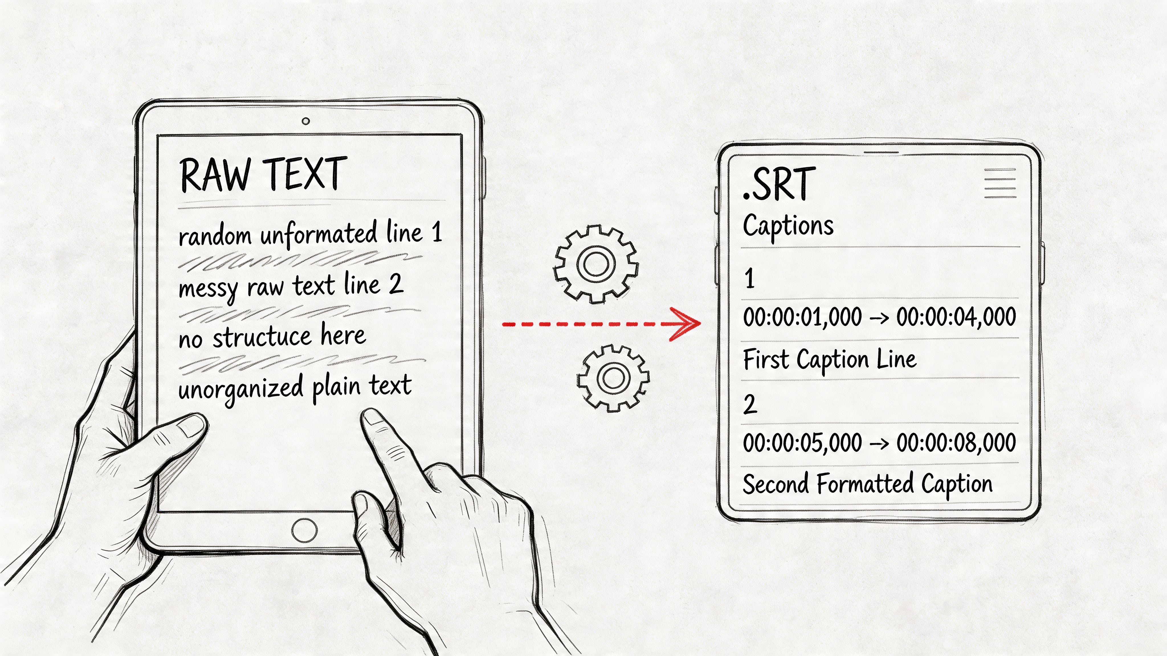 Рисунок от руки, иллюстрирующий обработку и преобразование неформатированного текста в структурированные файлы субтитров SRT на планшетах.