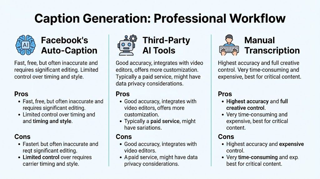 Сравнительная таблица, описывающая преимущества и недостатки автоматических субтитров Facebook, сторонних инструментов искусственного интеллекта и ручной транскрипции.