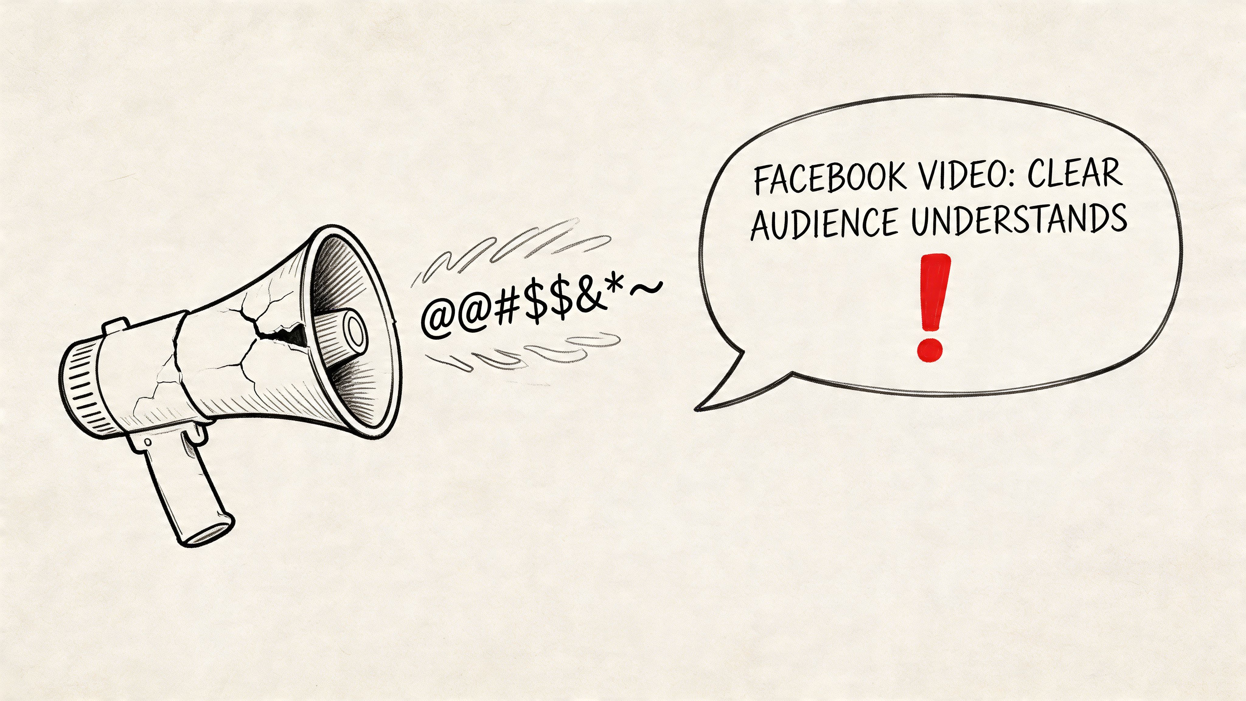 Рисунок, выполненный в линейном стиле, изображает треснувший мегафон, излучающий символы, и речевой пузырь с текстом о видео на Facebook.