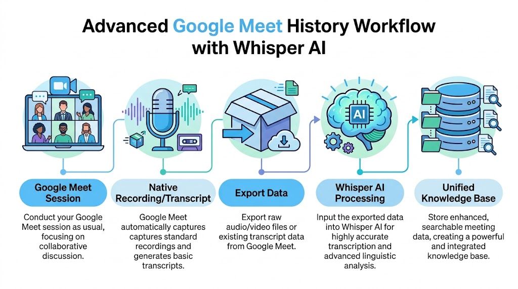 A diagram illustrating an advanced Google Meet history workflow utilizing Whisper AI for processing meeting data.