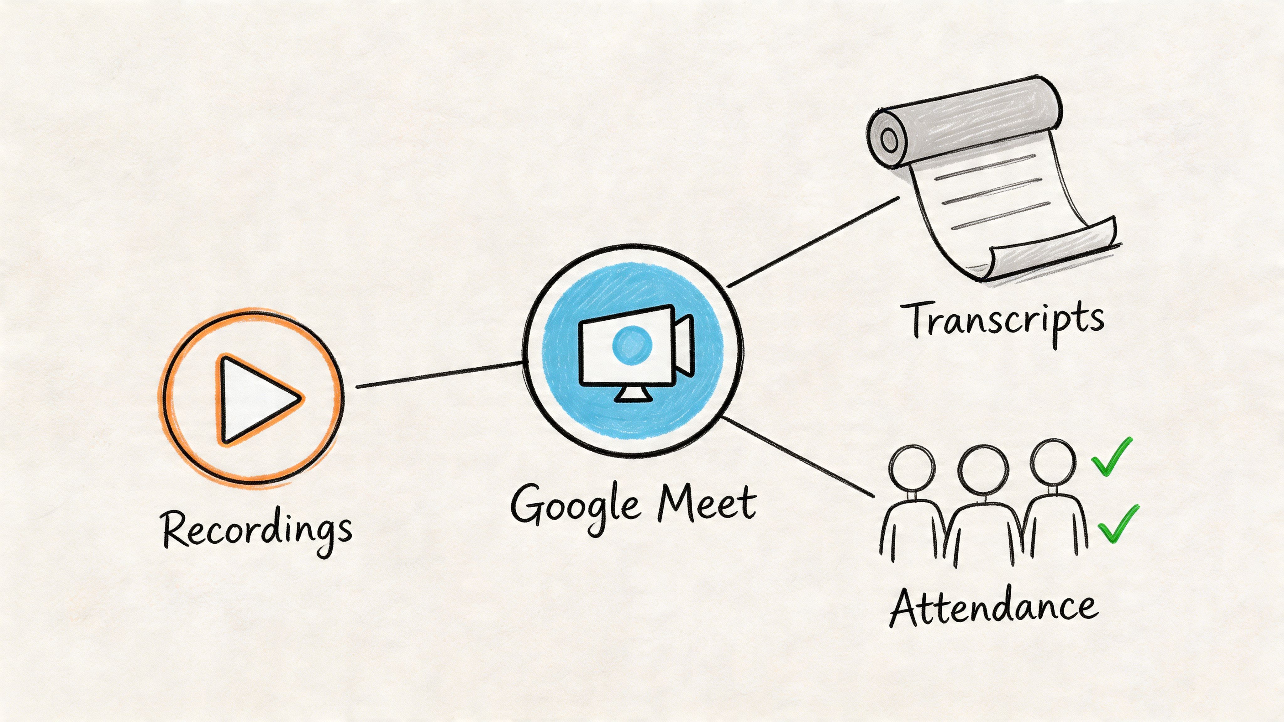 A diagram illustrating Google Meet features including recordings, meeting transcripts, and participant attendance tracking.