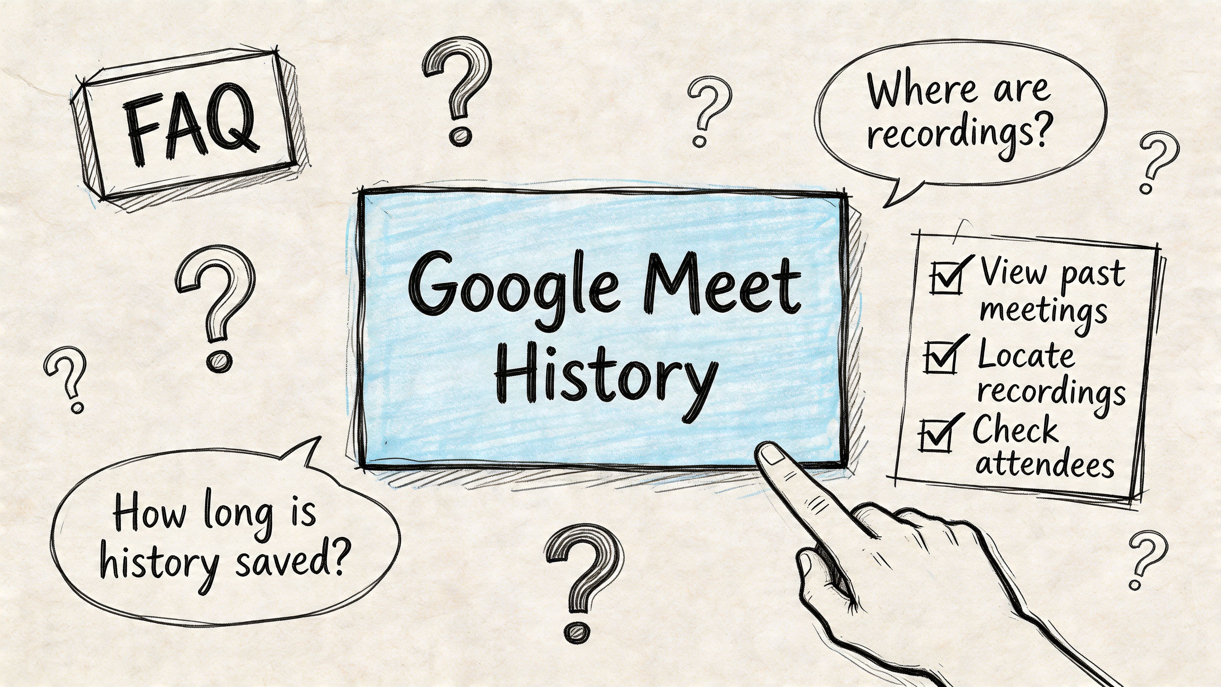 Sketch style illustration showing Google Meet History with checkmarks for meeting records and recordings search.