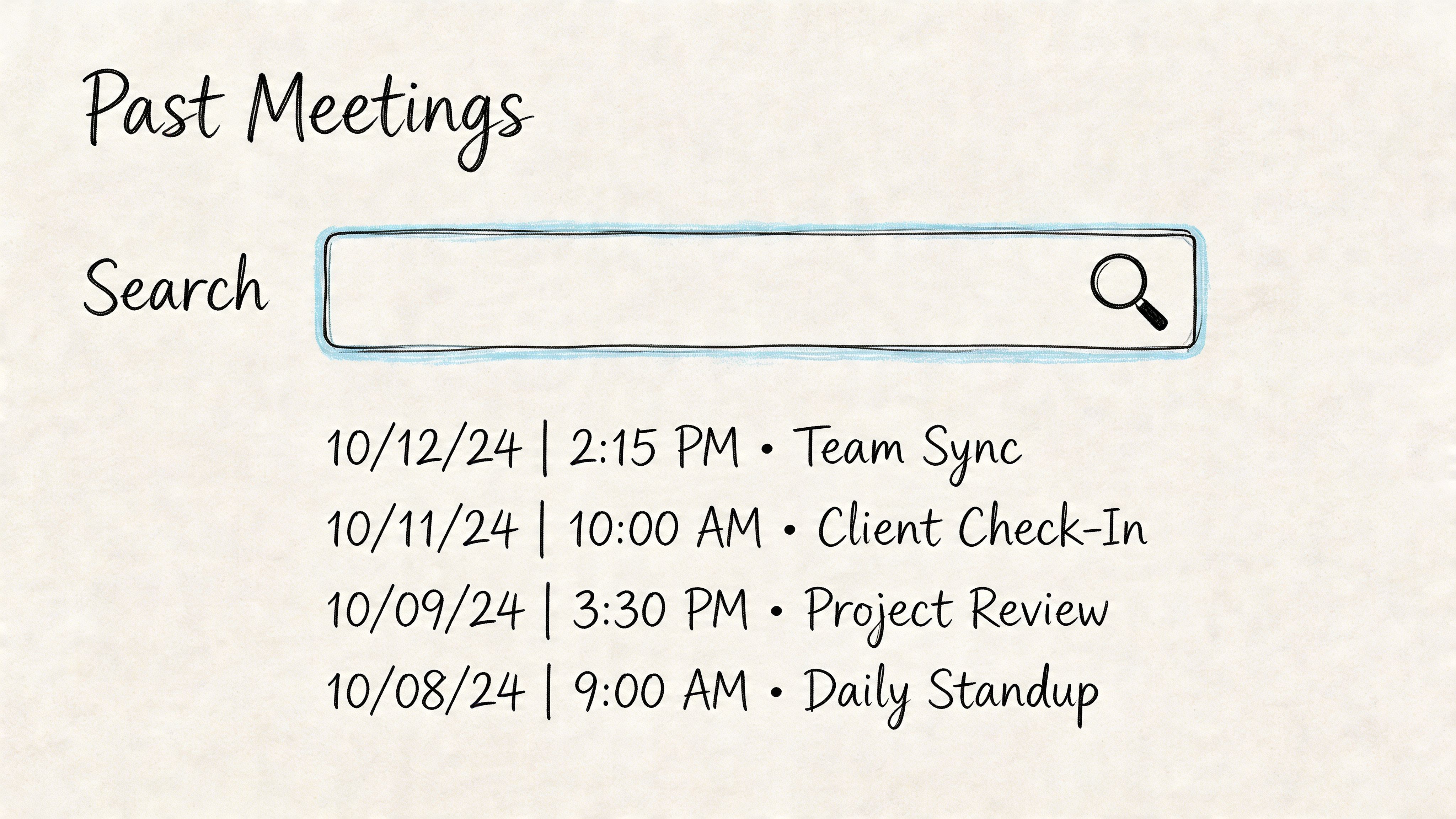 A digital sketch interface showing a past meeting history list with a search bar at the top.