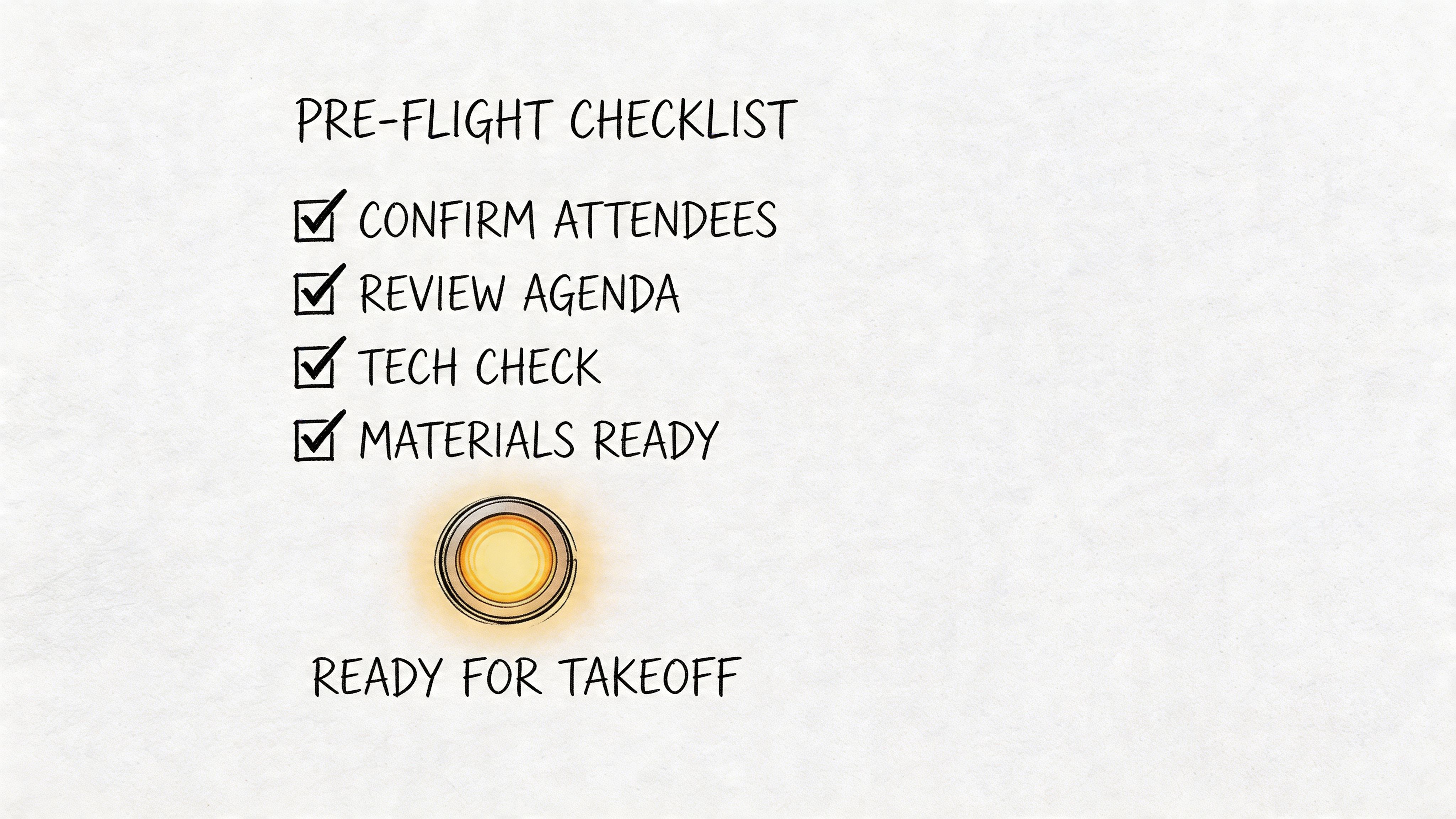 Нарисованный от руки контрольный список для совещаний перед полетом, в котором все пункты отмечены, а под ними светится кнопка.