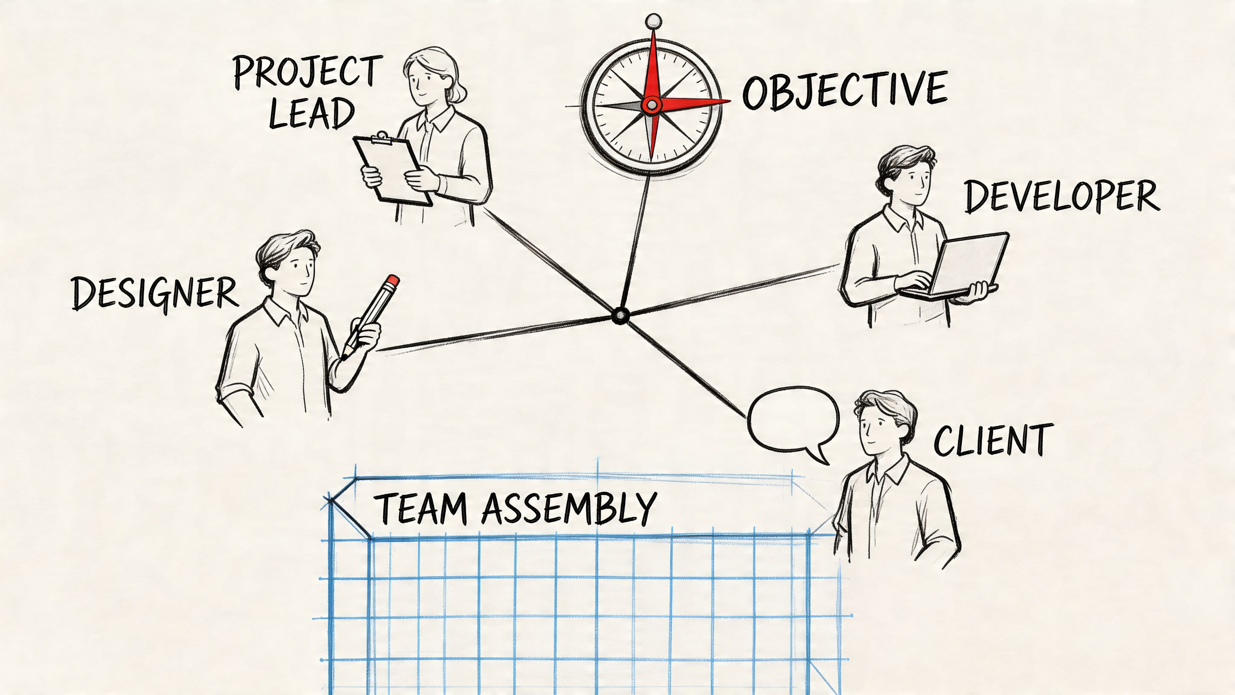 Эскиз, выполненный от руки, иллюстрирующий сбор проектной команды, в состав которой входят руководитель проекта, дизайнер, разработчик, клиент и организатор проекта.