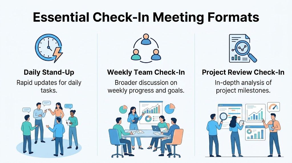 An infographic illustrating three types of essential team check-in meetings with professional icons and diverse employees.
