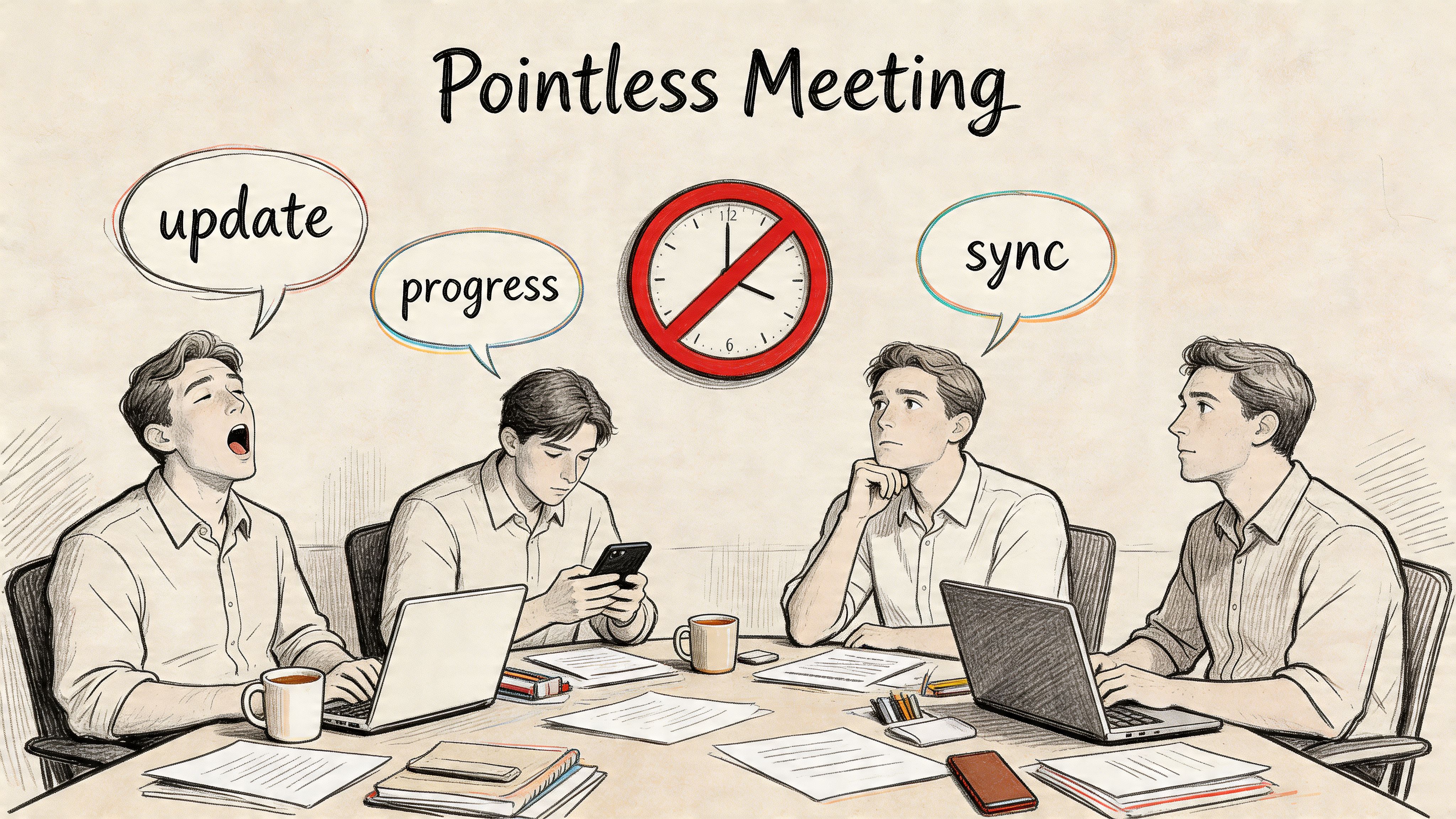 A pencil sketch of four bored office workers sitting in a meeting with a crossed out clock.