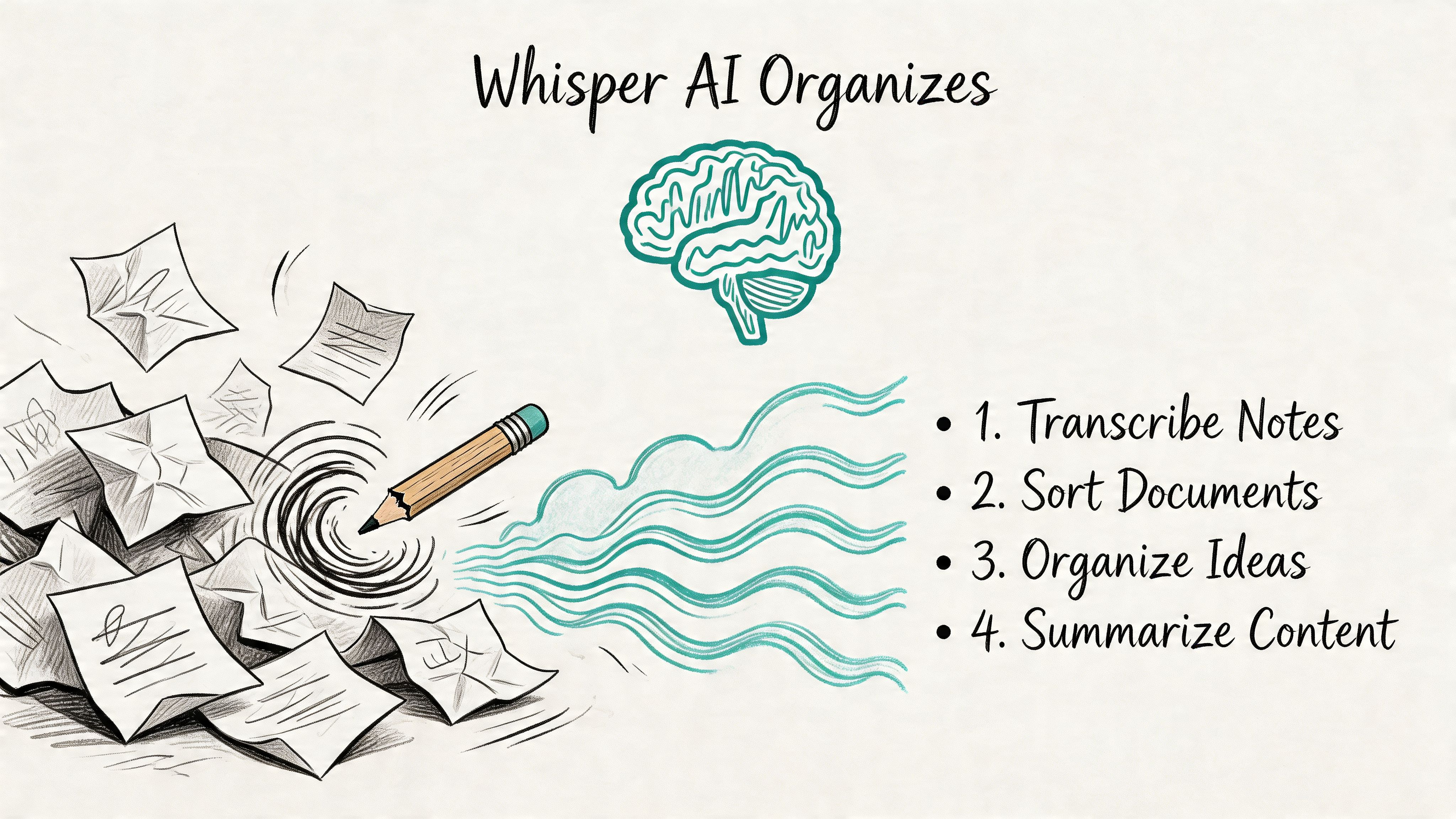 A conceptual illustration showing Whisper AI organizing scattered handwritten notes into orderly ideas and summarized content.