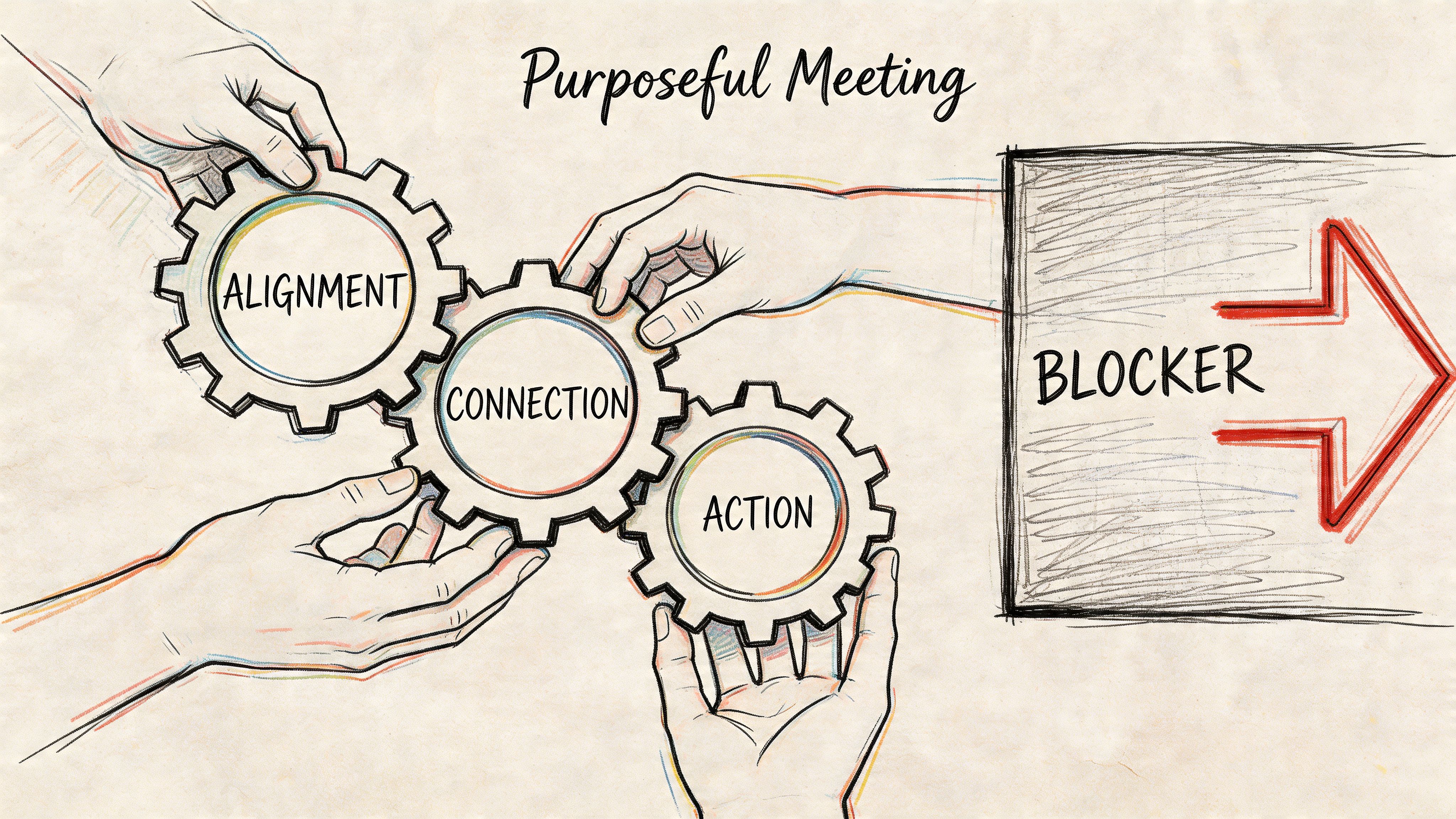 A conceptual drawing showing hands connecting gears labeled Alignment, Connection, and Action to overcome a Blocker.