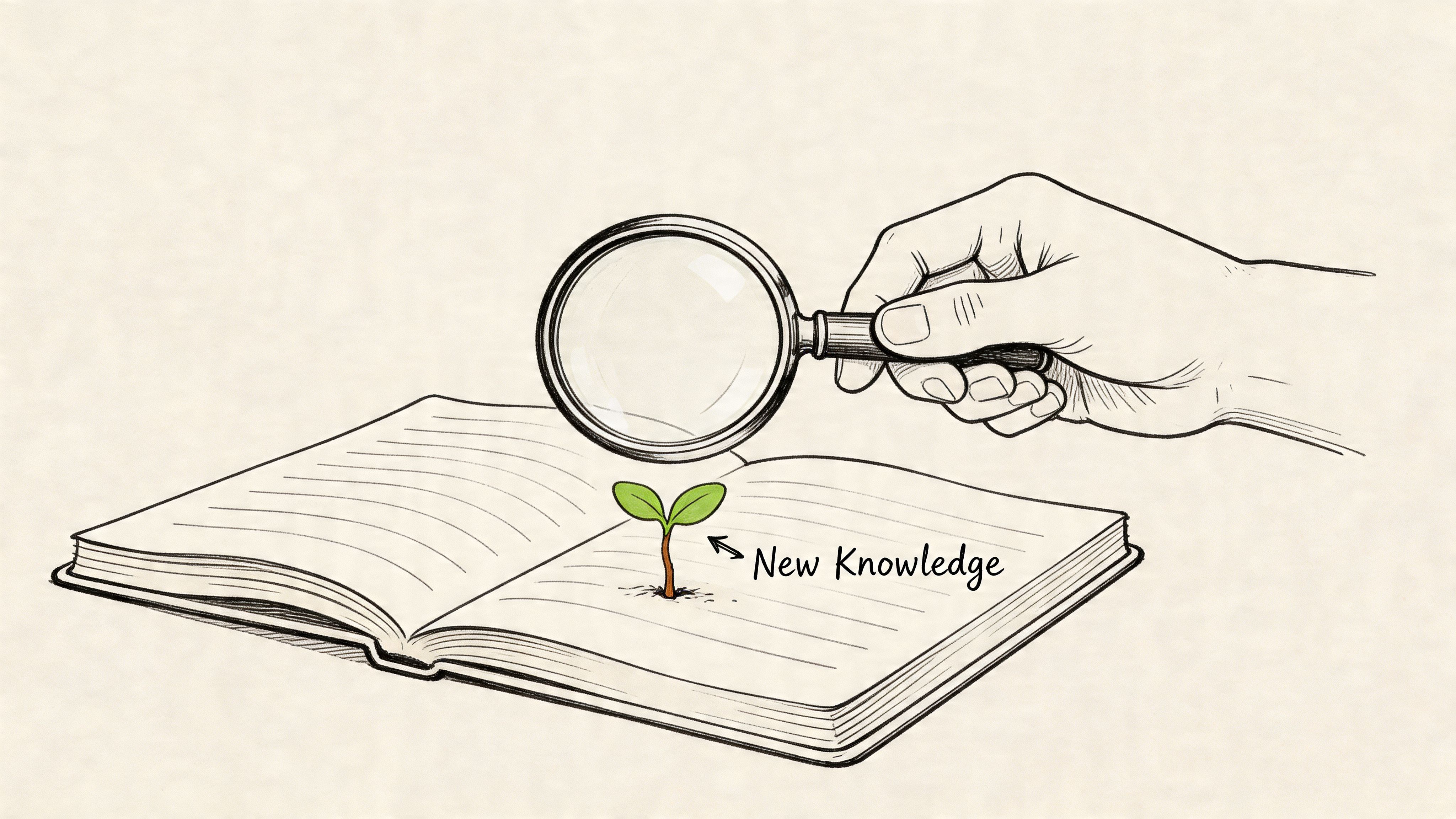 Рука держит увеличительное стекло над маленьким ростком, прорастающим из открытой книги, символизируя открытие.