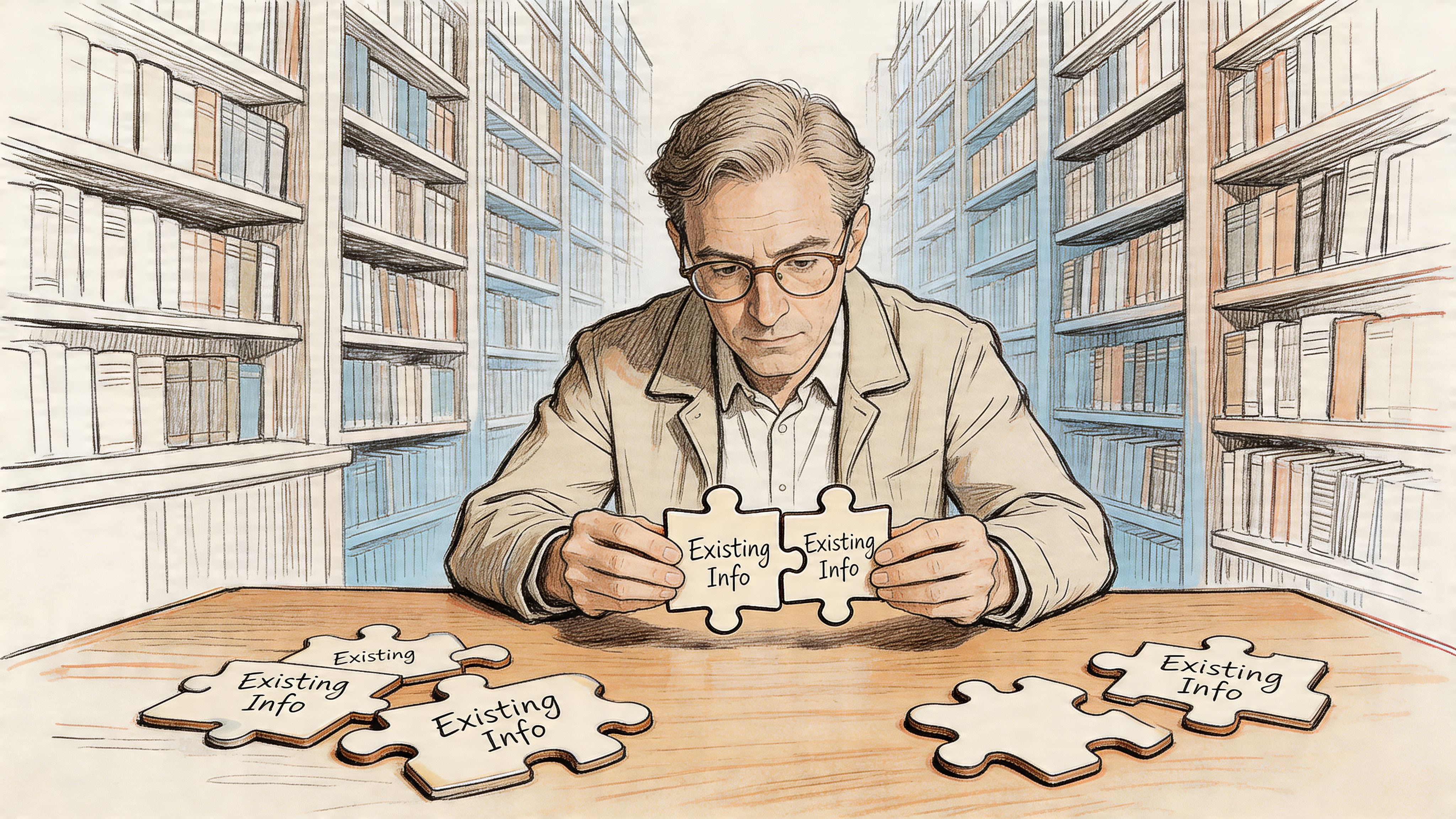 Мужчина в библиотеке собирает кусочки пазла, помеченные имеющейся информацией.