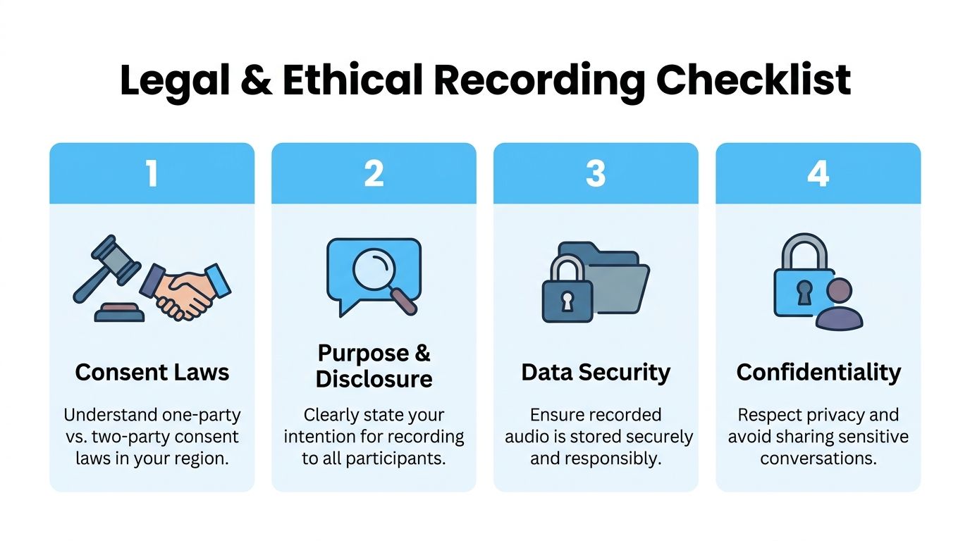 A four-step infographic providing a checklist for the legal and ethical recording of conversations.