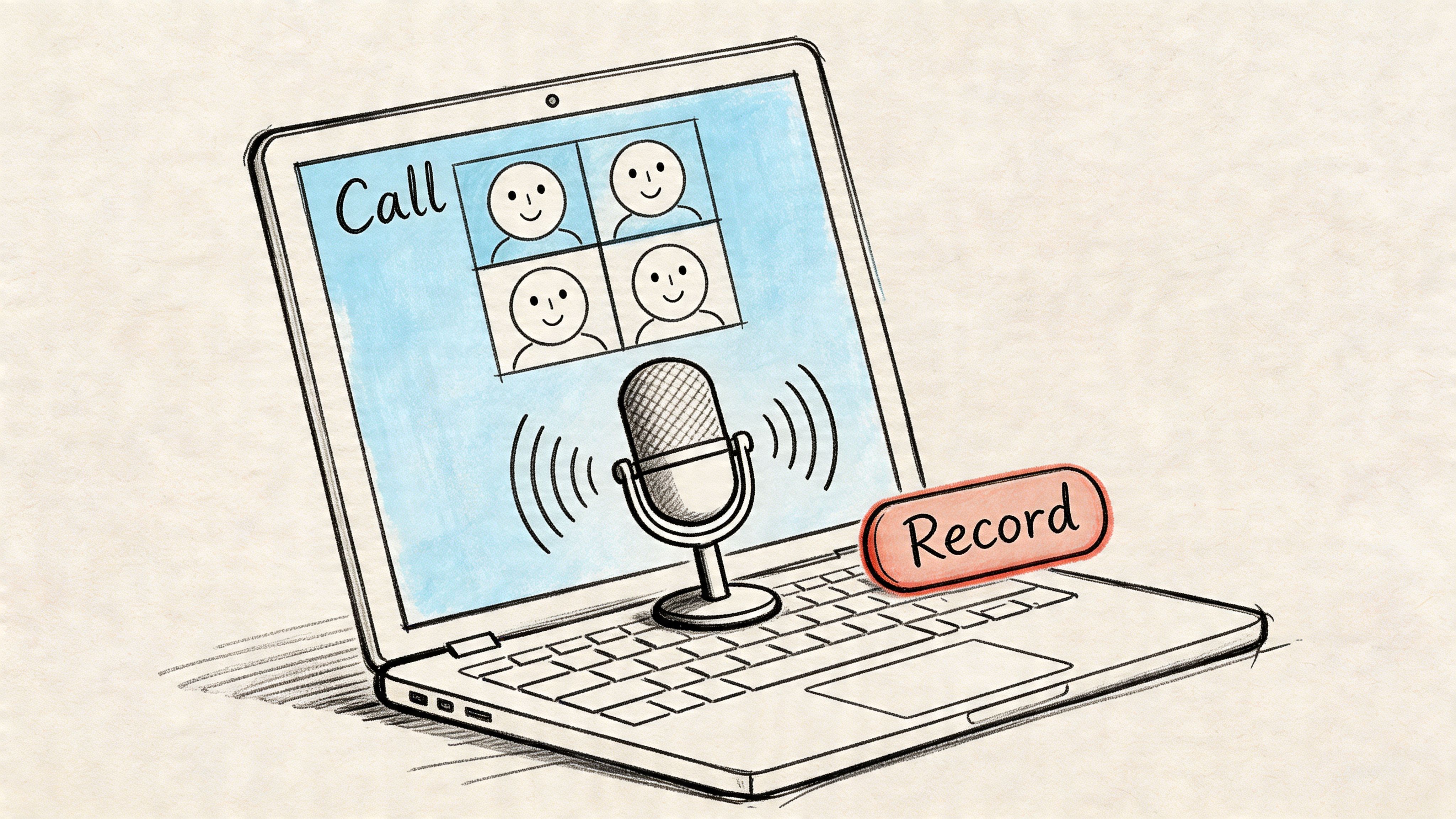 A hand-drawn illustration of a laptop screen showing a video call and a microphone icon for recording.