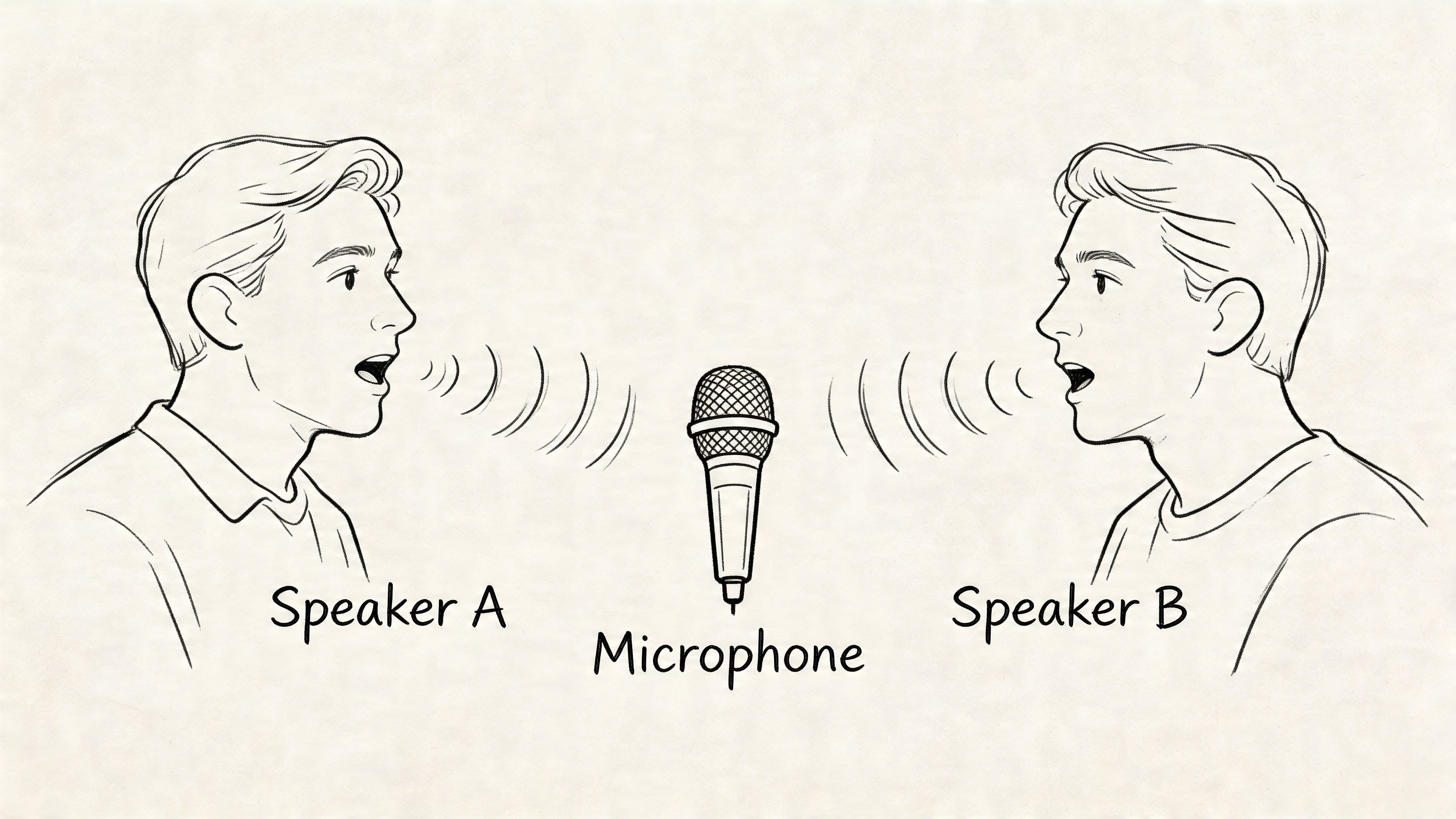 A line drawing illustration showing two people speaking into a central microphone for audio recording purposes.