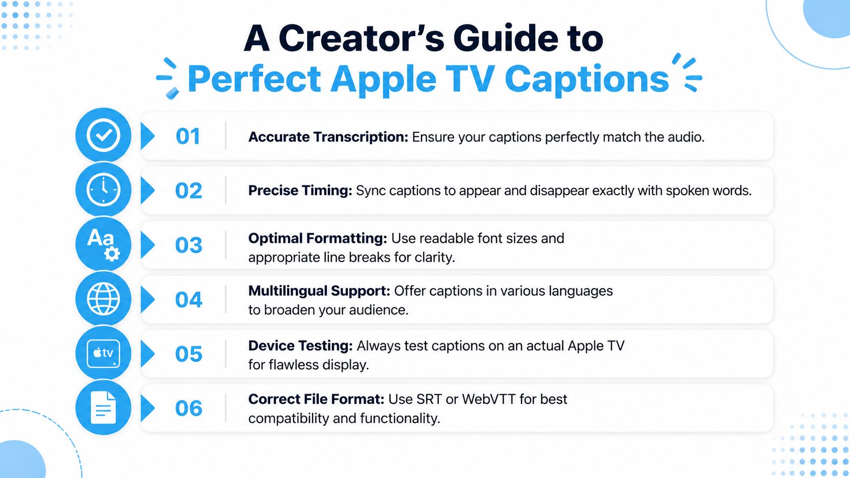 Инфографика под названием «Руководство для создателей контента по созданию идеальных субтитров для Apple TV» содержит шесть основных советов по созданию субтитров.
