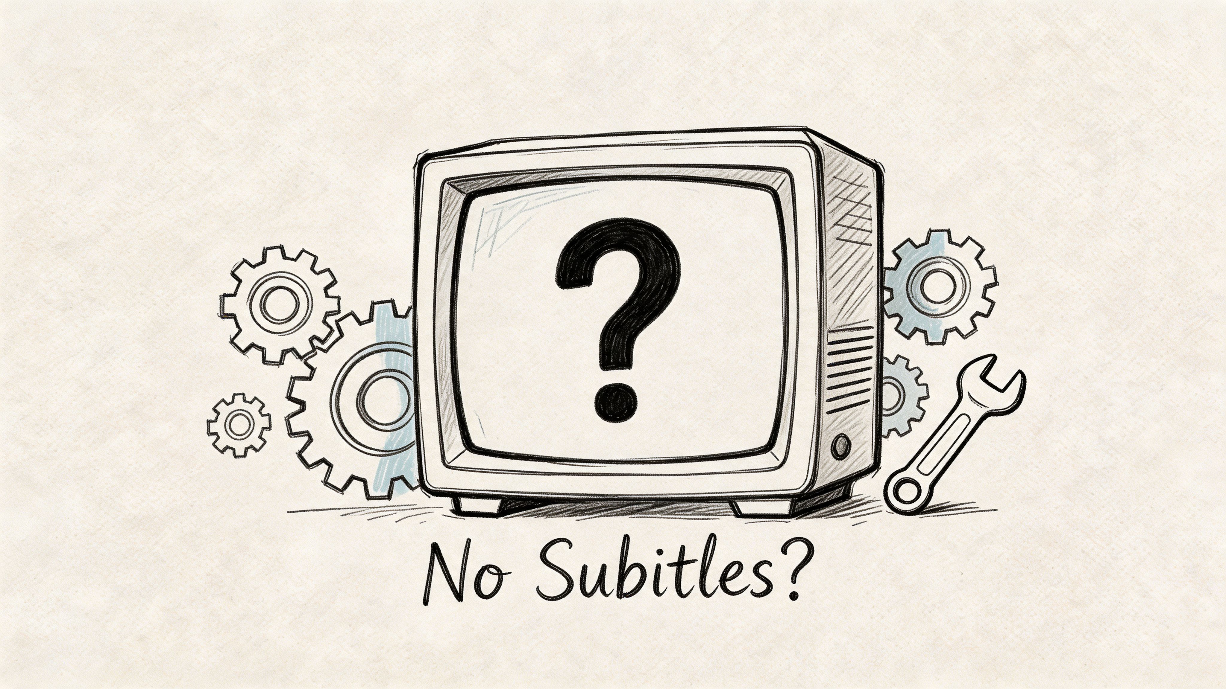 Рисунок от руки, изображающий старый телевизор с большим вопросительным знаком на экране, шестернями и гаечным ключом.