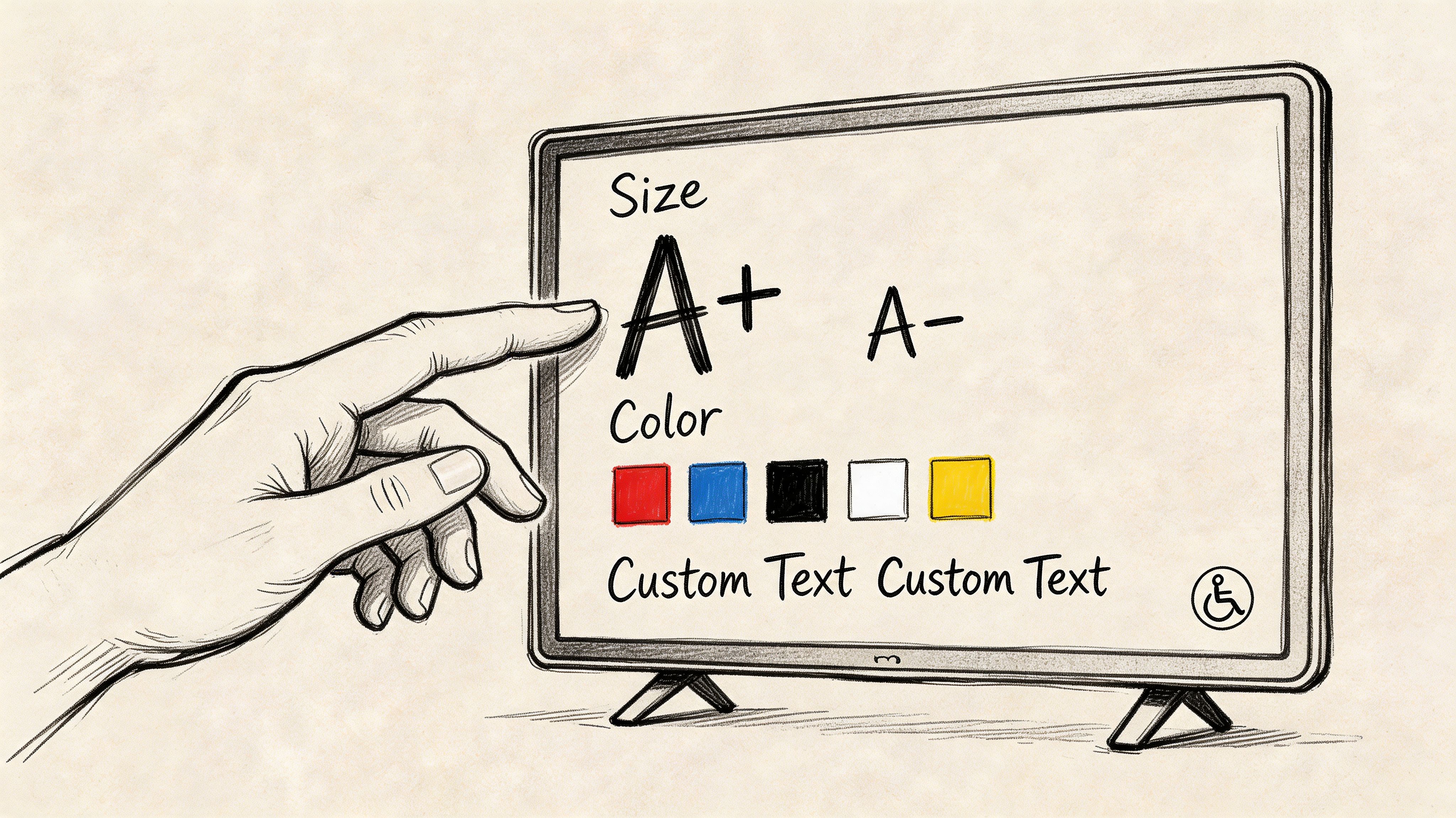 Рука указывает на экран телевизора, на котором отображаются настройки специальных возможностей для регулировки размера и цвета шрифта субтитров.
