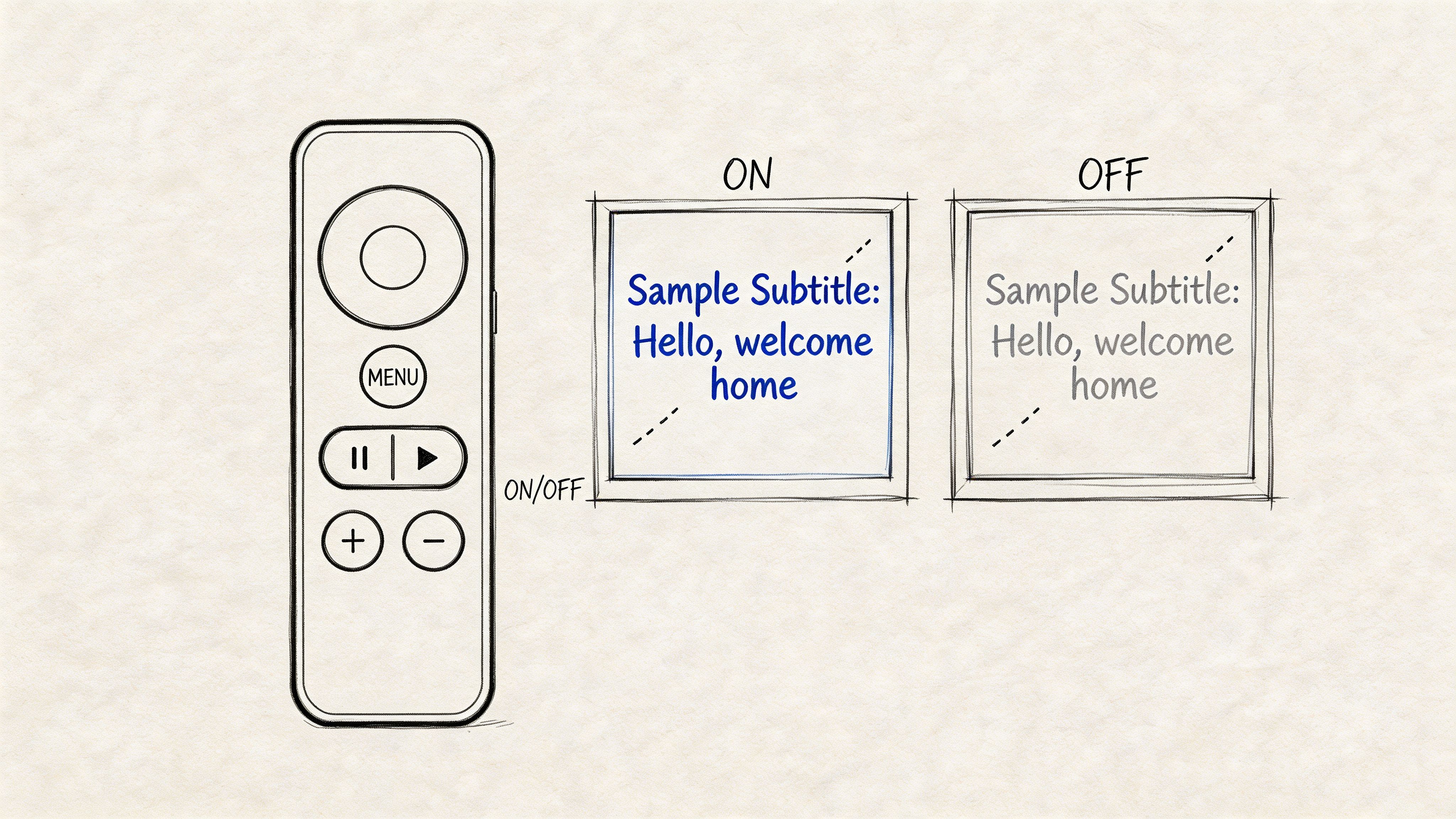 Рисунок, выполненный от руки, изображает пульт дистанционного управления и кнопки для включения и выключения субтитров.