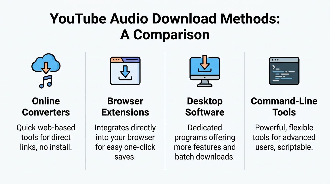 A comparison chart outlining four common methods for downloading YouTube audio: online converters, browser extensions, desktop software, and command-line tools.