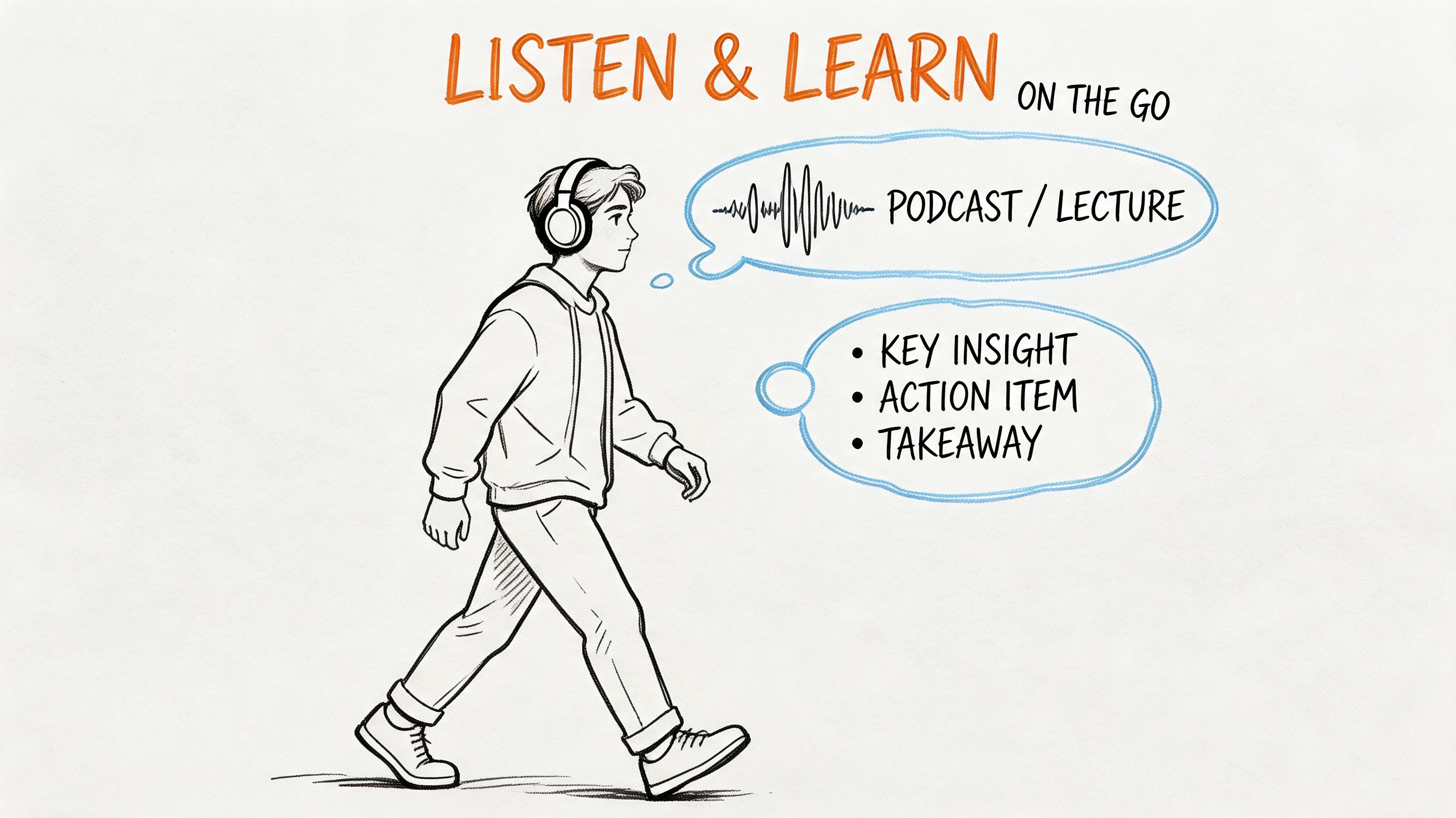 A line drawing of a person walking while wearing headphones and listening to podcasts or lectures.