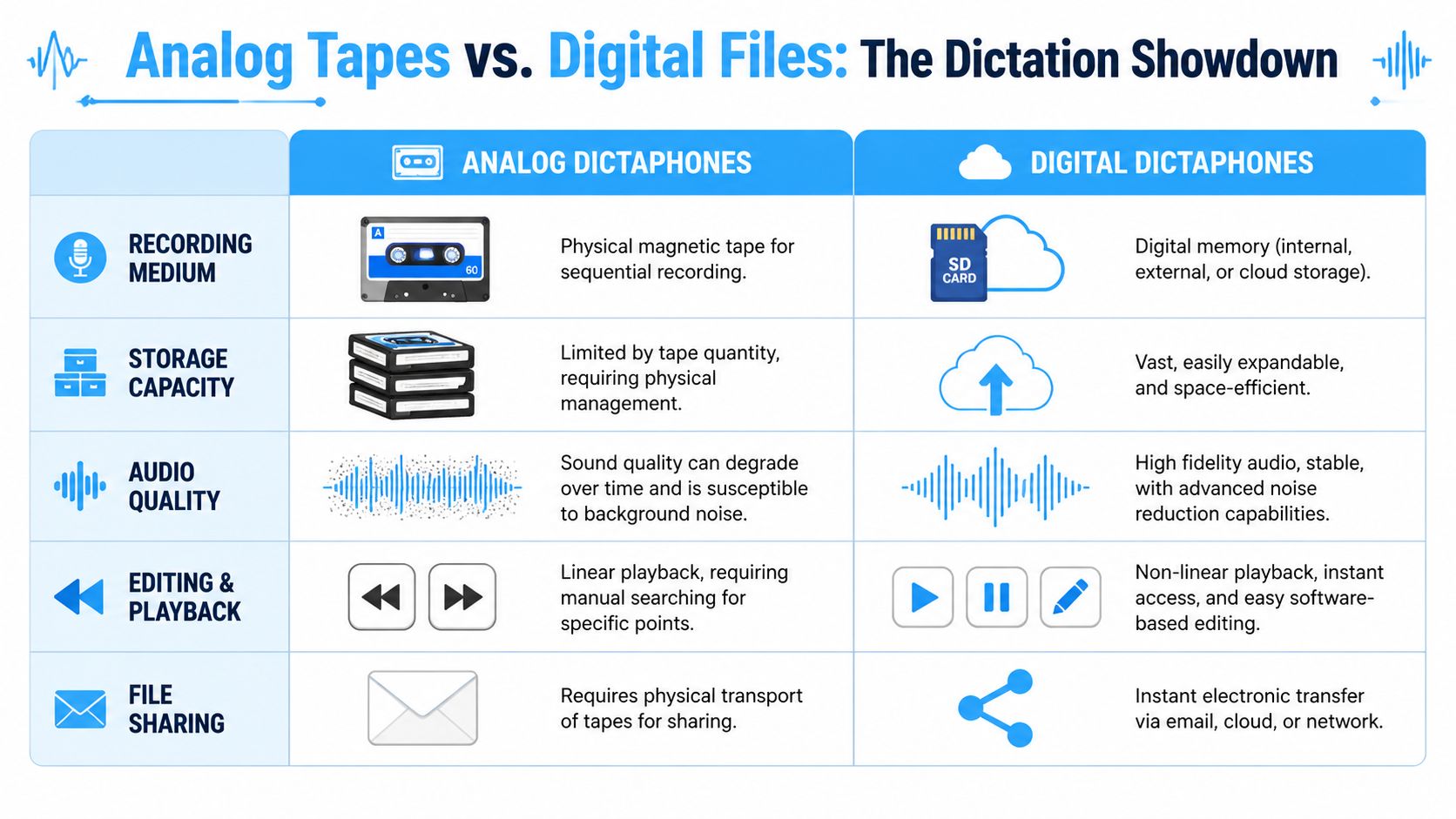 A comparison chart outlining the key differences between analog cassette tape dictaphones and modern digital dictaphones.