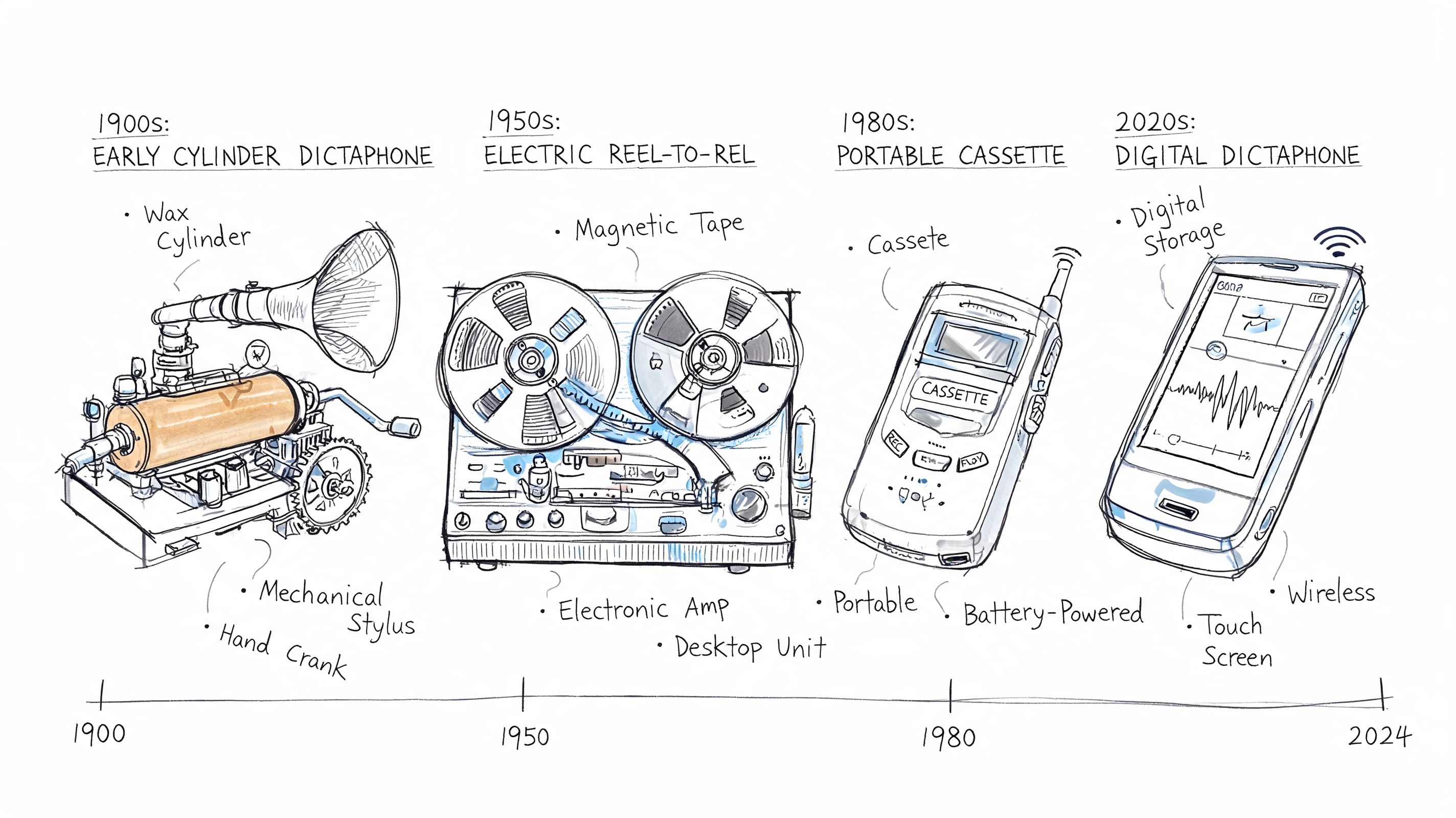 A timeline illustration showing the evolution of dictaphones from mechanical wax cylinders to modern digital devices.
