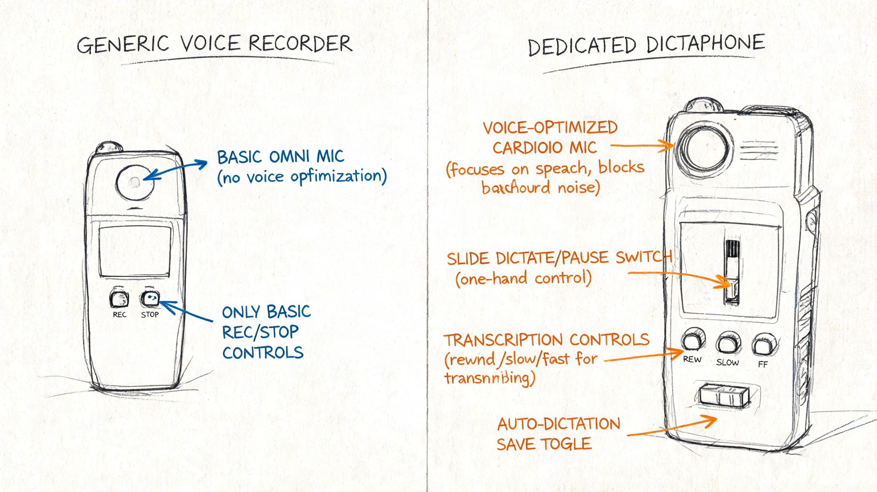 A diagram comparing the features of a generic voice recorder versus a specialized professional dictaphone device.