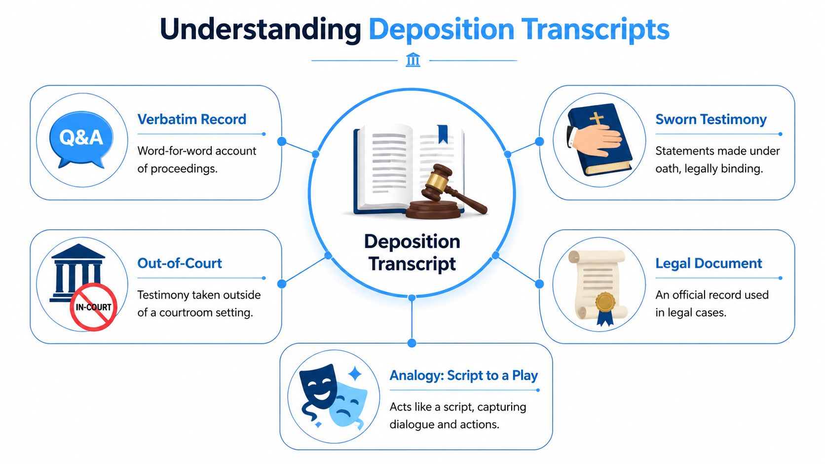 An infographic titled Understanding Deposition Transcripts illustrating key concepts like verbatim records, sworn testimony, and legal document status.