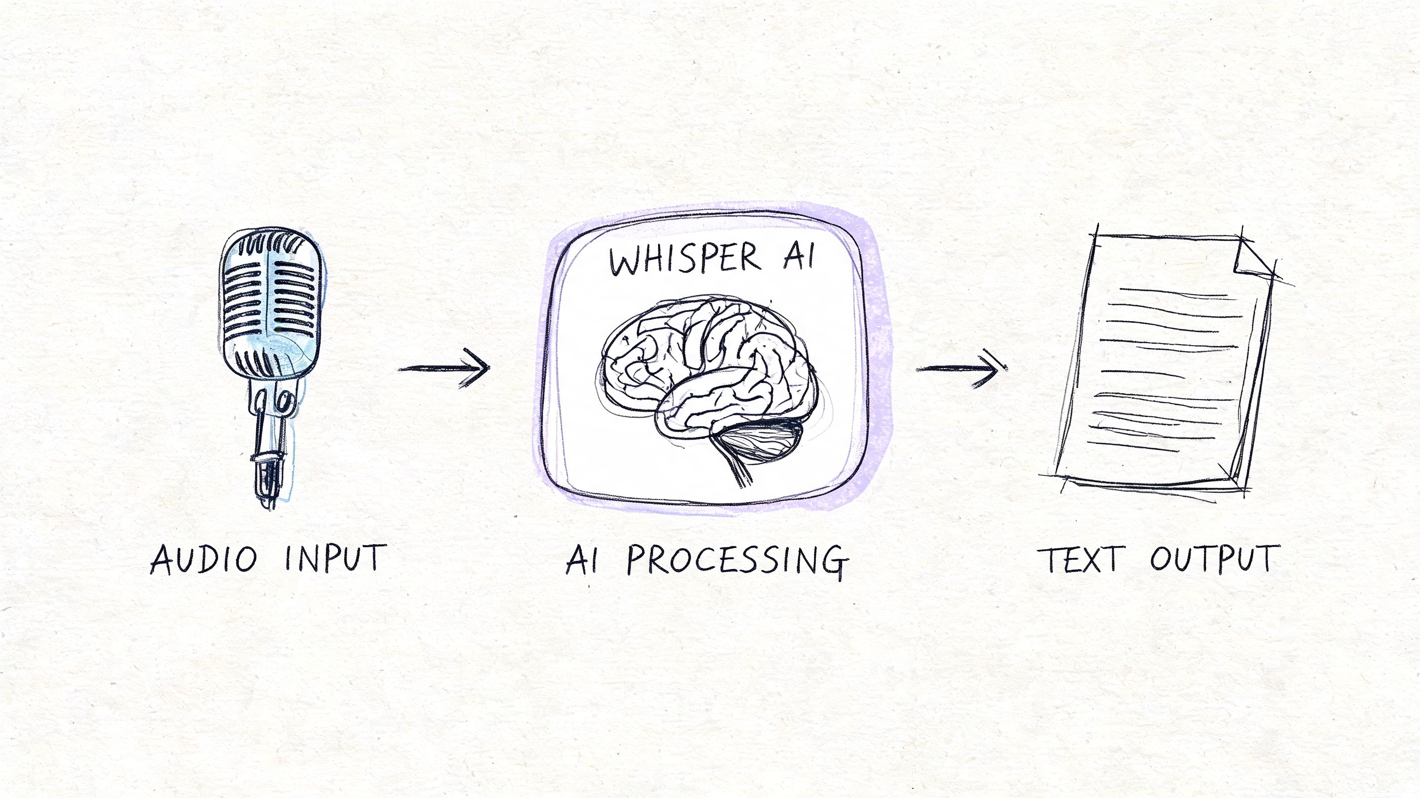 A hand-drawn diagram illustrating the transcription process from microphone audio input to AI text document output.