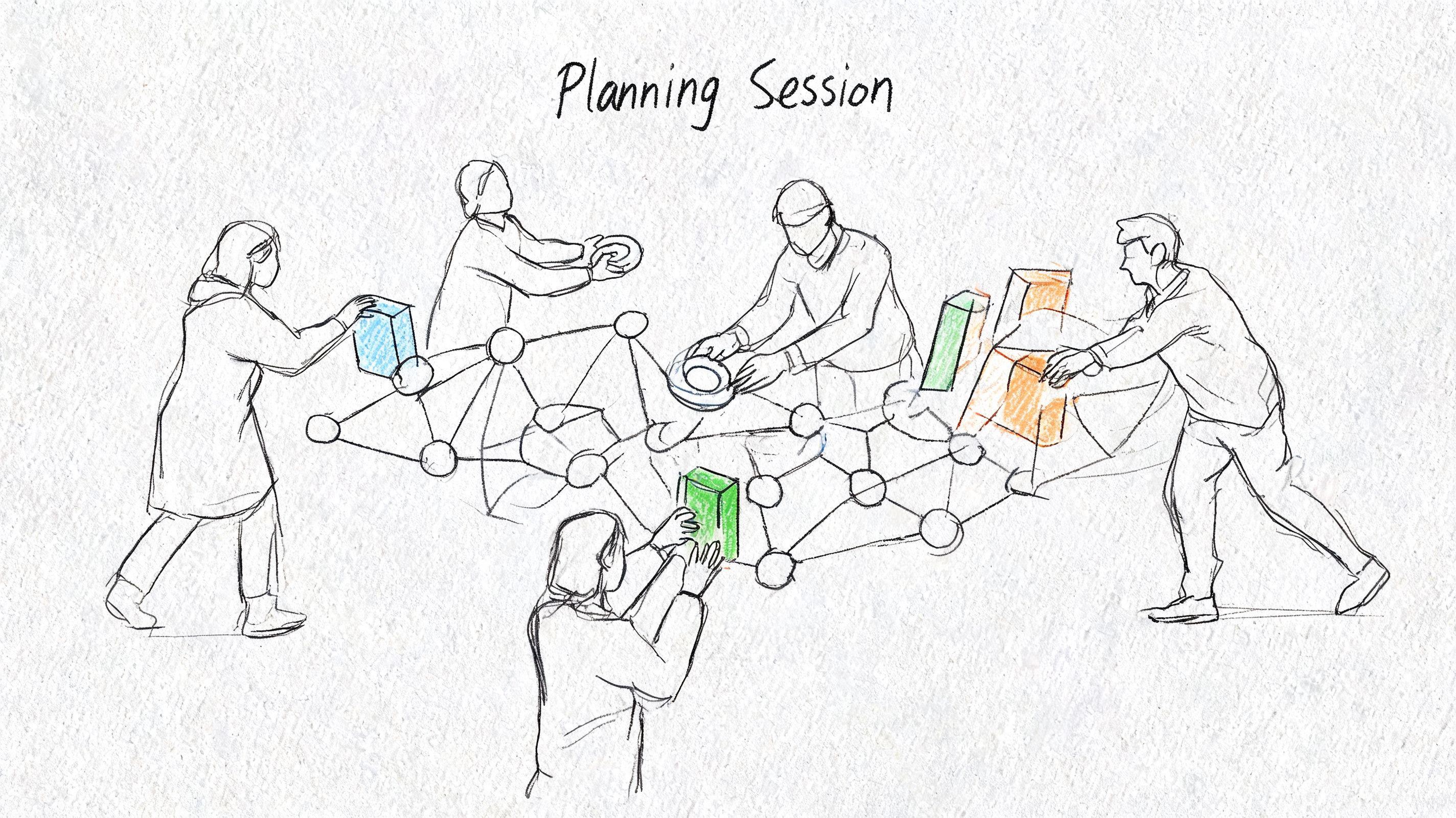 A hand-drawn sketch of a business team collaboratively building a network diagram during a planning session.