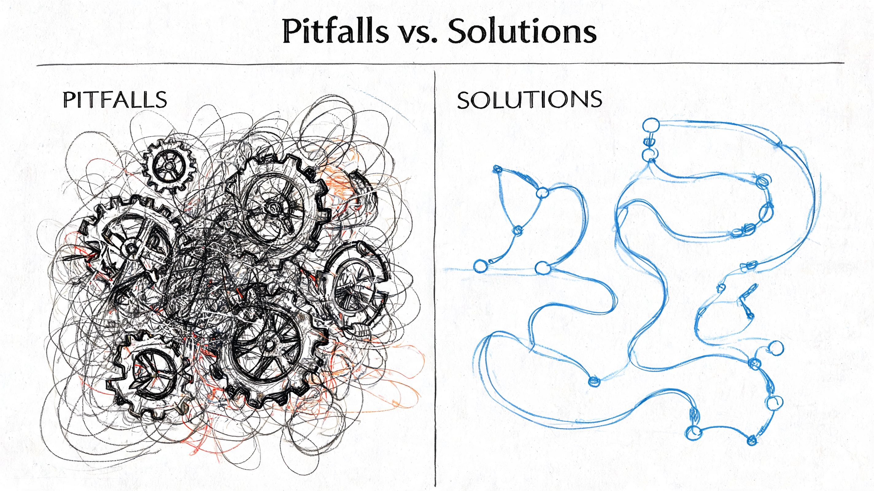 A hand-drawn comparison showing a chaotic gear system labeled Pitfalls versus a clear, streamlined path labeled Solutions.