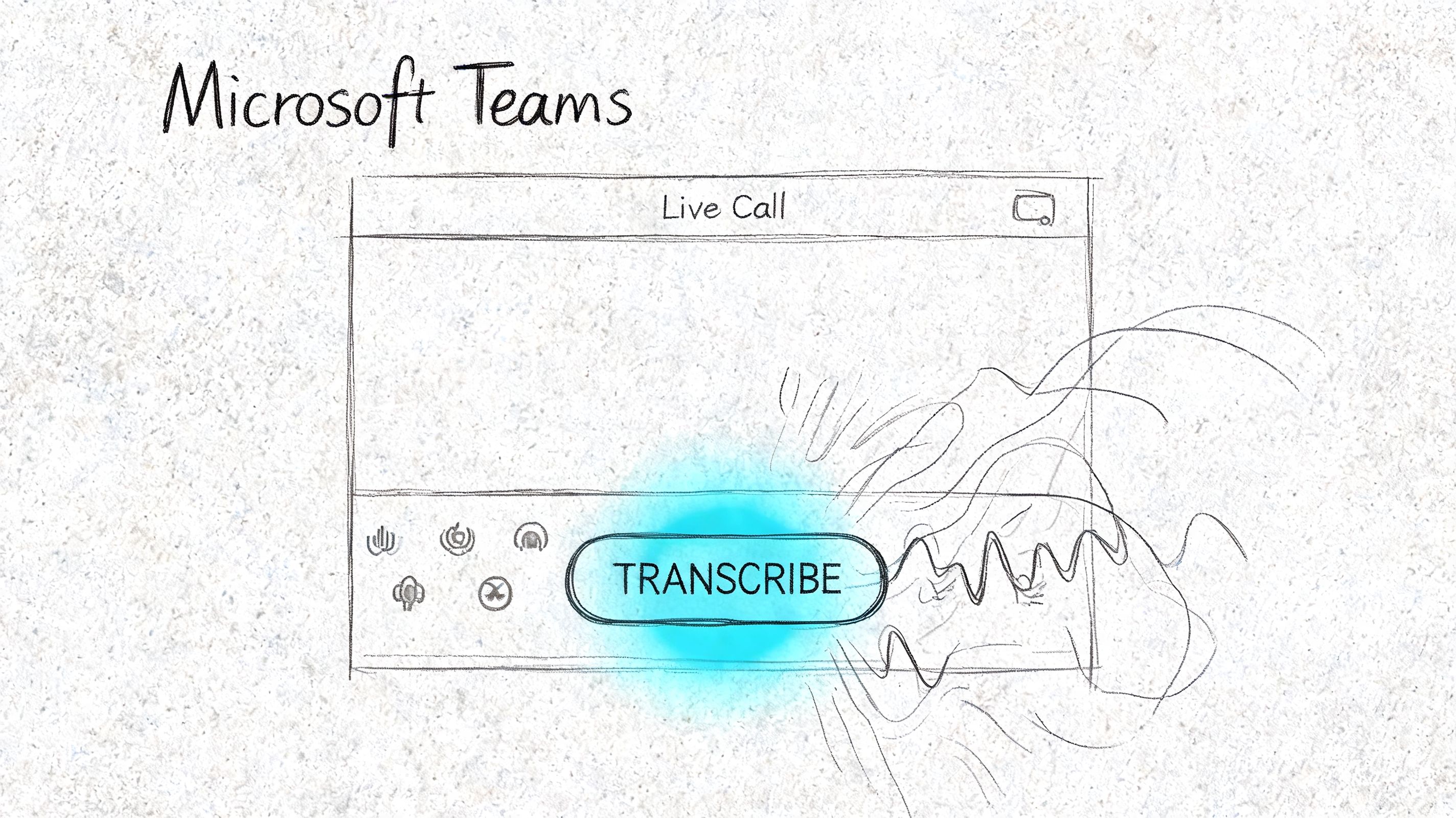 A hand-drawn sketch of a Microsoft Teams live call interface featuring a prominent blue Transcribe button.