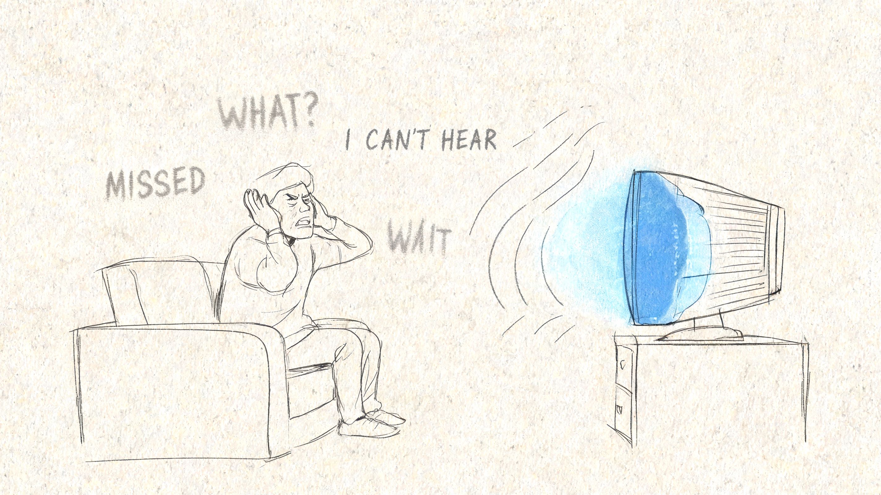A frustrated person sitting on a couch covering their ears while unable to hear the television.