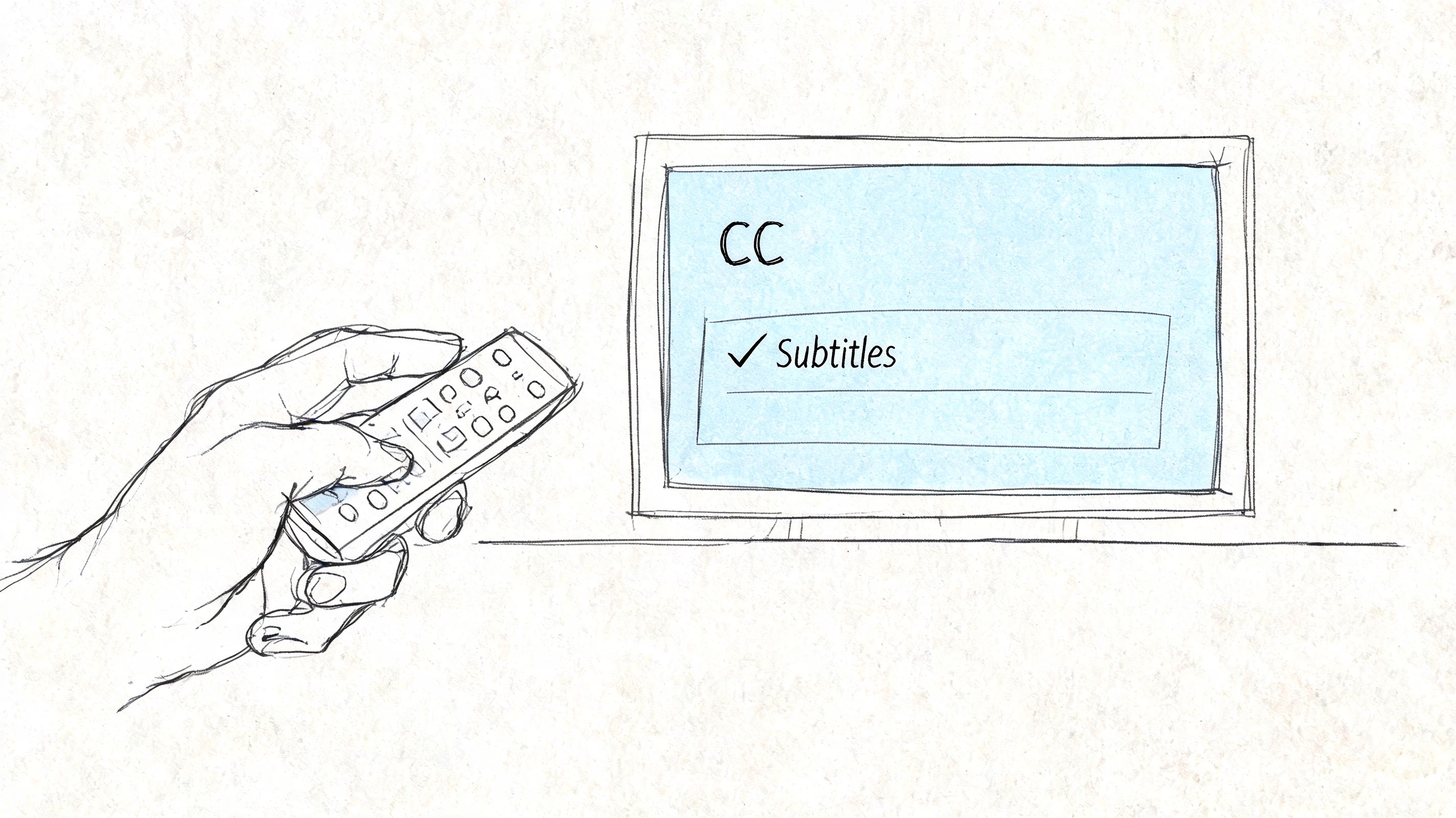 A hand holding a remote control to select subtitles settings for closed captioning on a television screen.