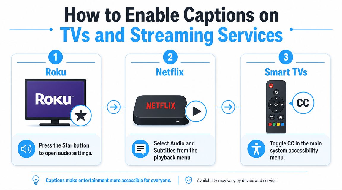 An infographic showing three simple steps to enable closed captions on Roku, Netflix, and Smart TVs.