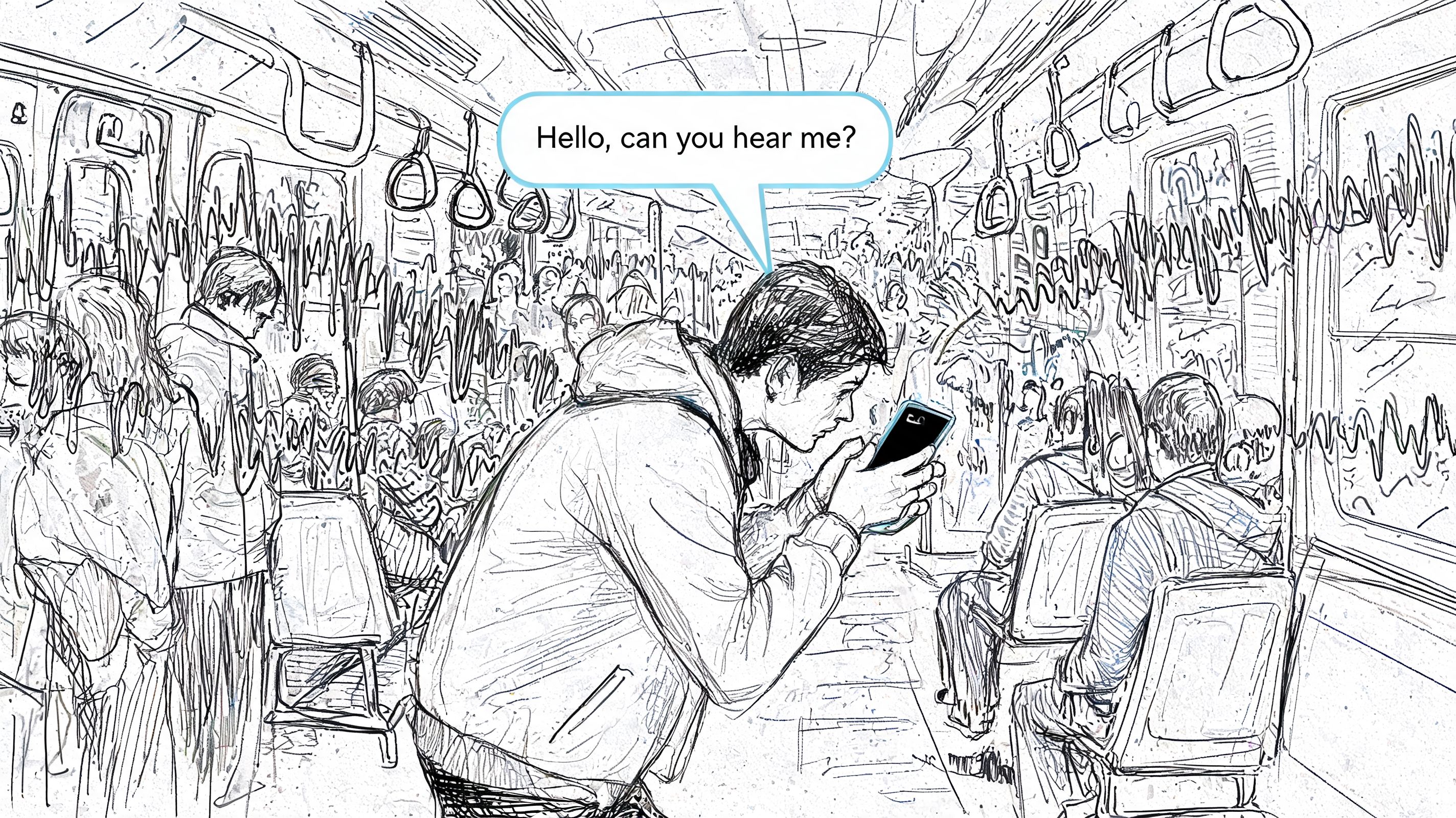 A pencil sketch of a man on a crowded subway train holding his phone and speaking into it.