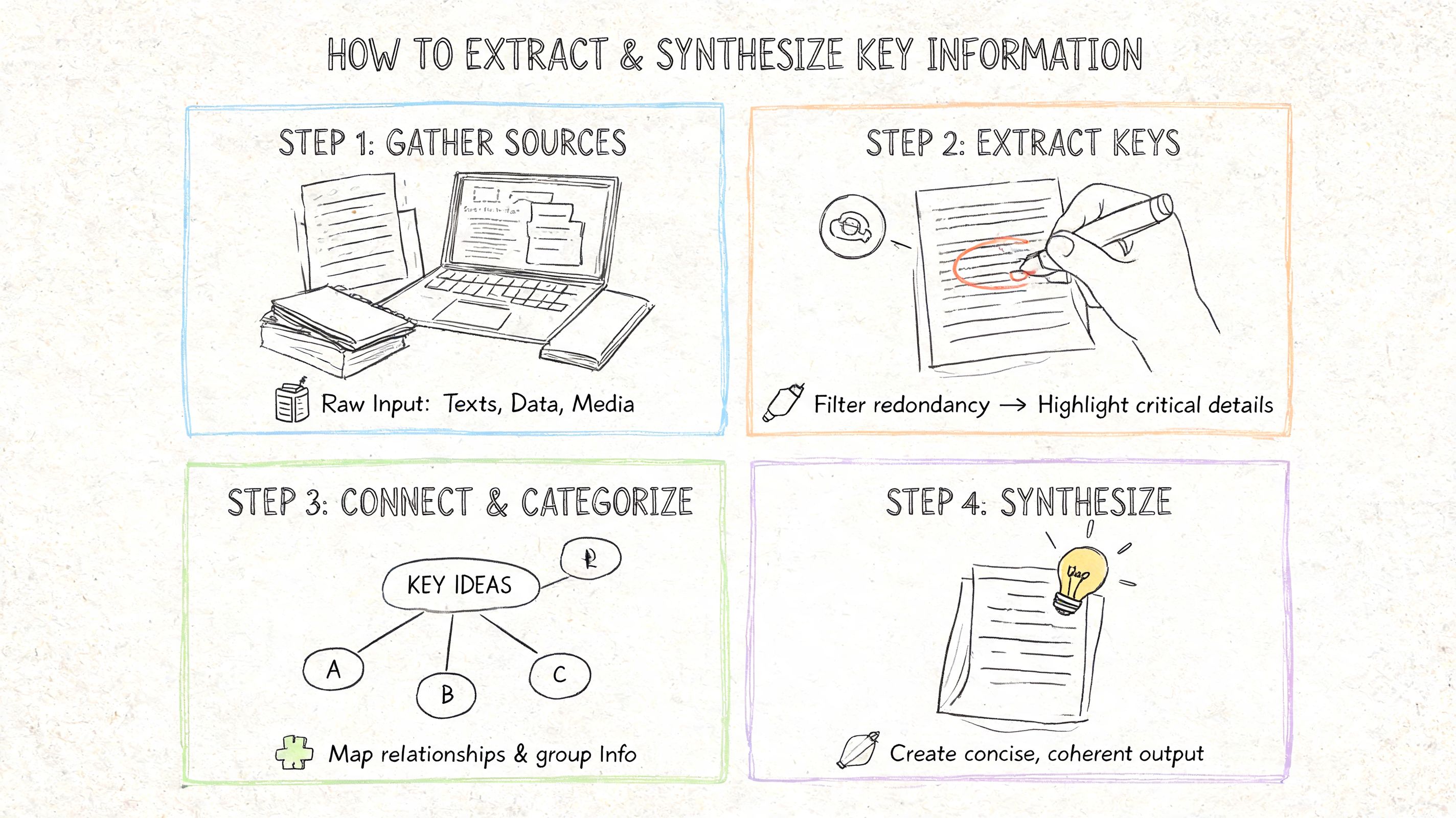 A diagram outlining a four-step process for extracting and synthesizing information into a clear summary.