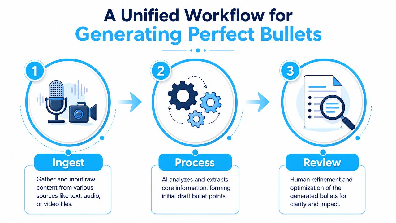 A three-step workflow infographic illustrating the process of generating bullet points from various media sources.
