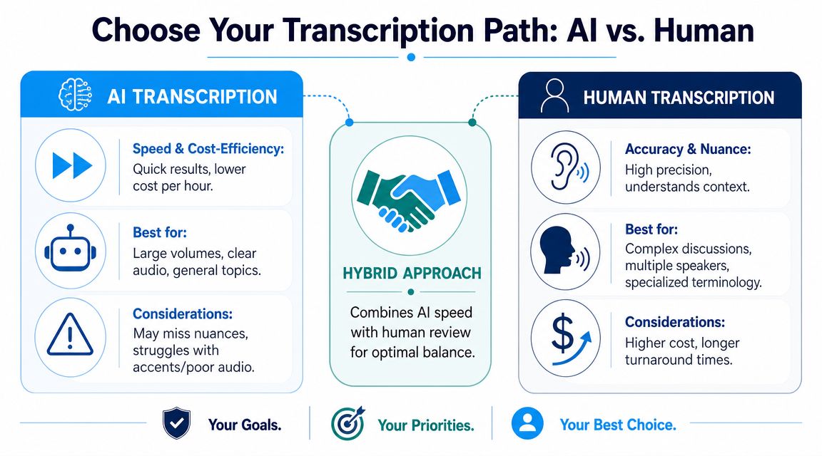 A comparative infographic illustrating the pros and cons of AI, human, and hybrid audio transcription services.